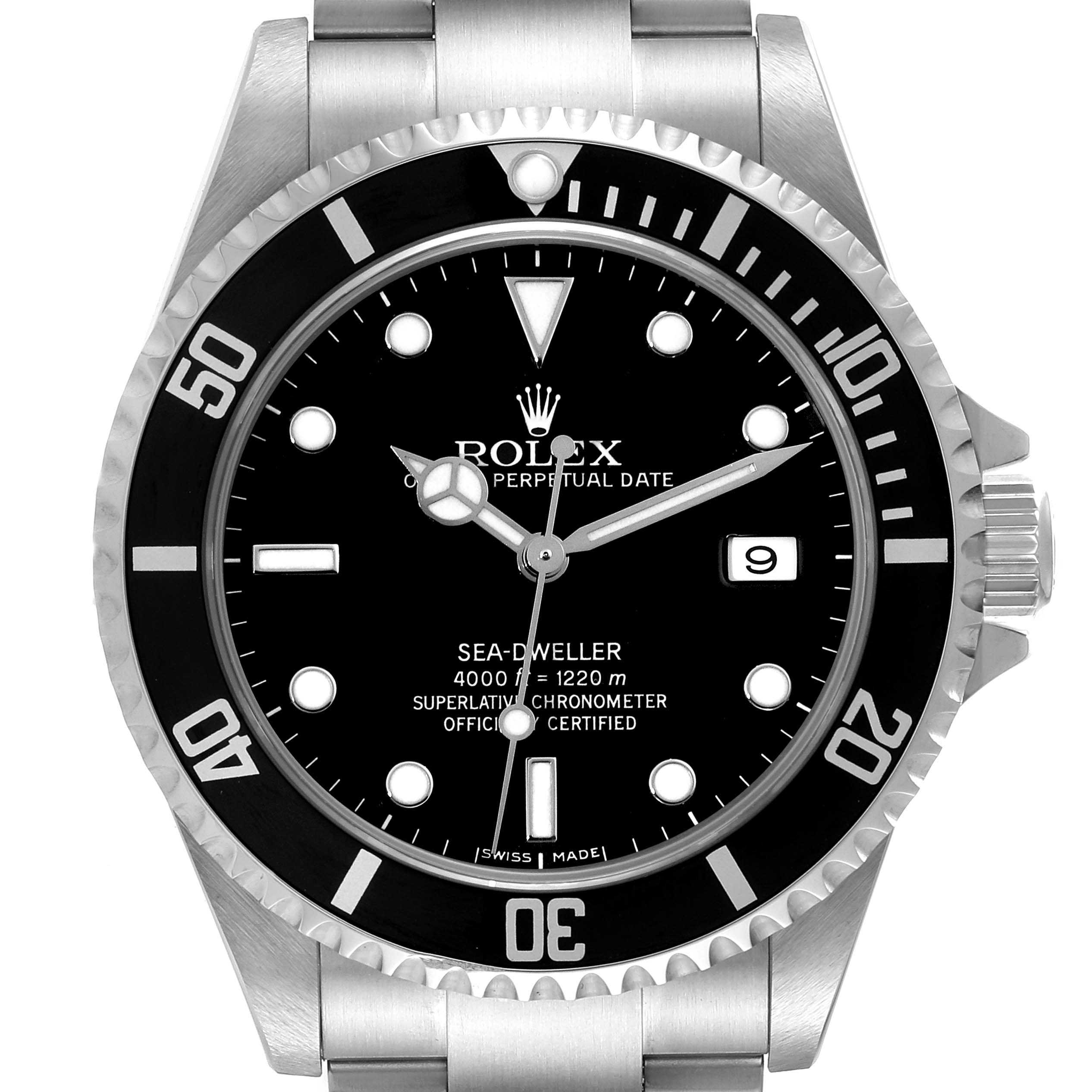This image shows the front view of a Rolex Sea-Dweller 16600 Men's Stainless Steel Black Dial 16600 Men's Stainless Steel Black Dial watch, highlighting the dial, bezel, crown, and part of the bracelet.