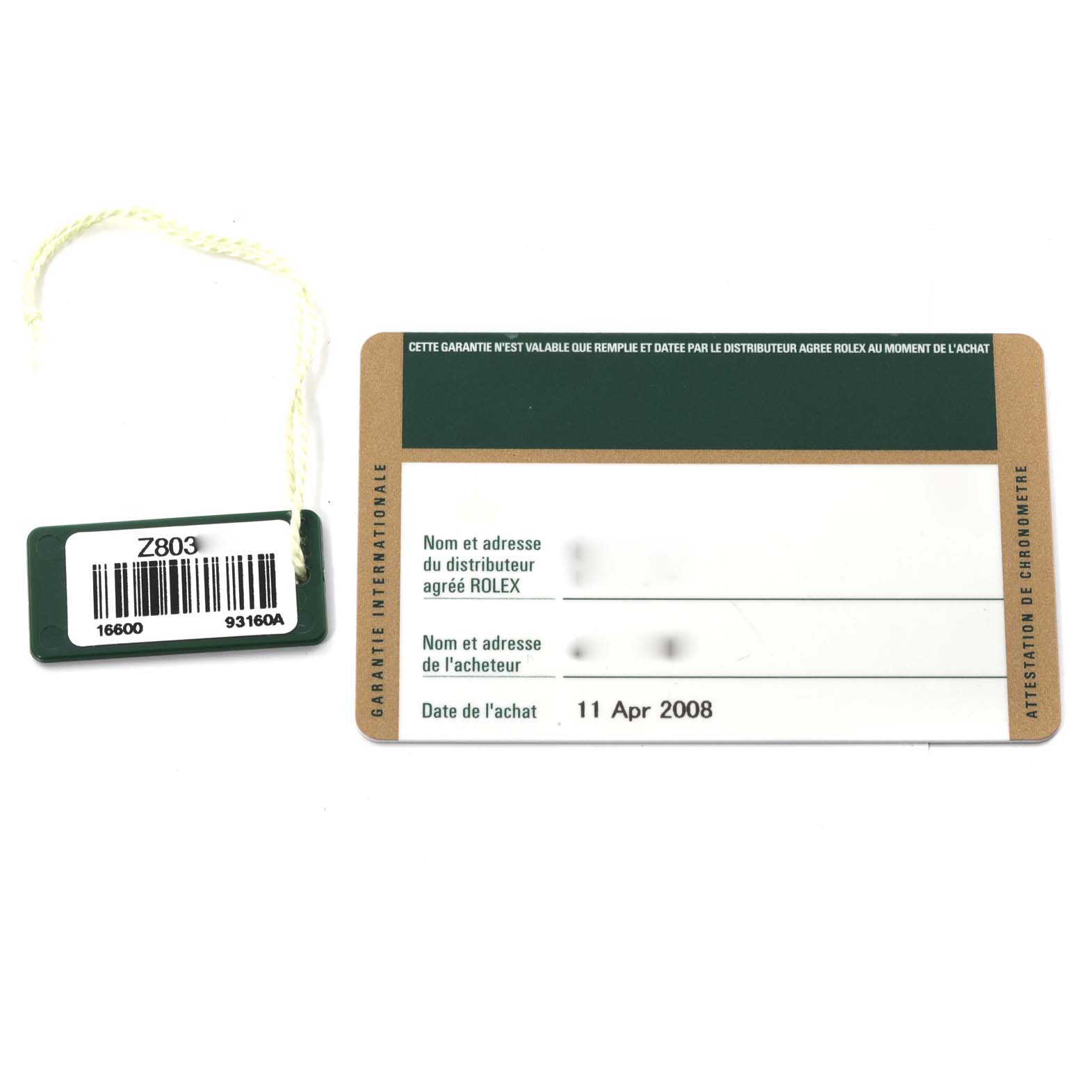 This image shows an identification tag and a warranty card for a Rolex Sea-Dweller 16600 Men's Stainless Steel Black Dial 16600 Men's Stainless Steel Black Dial watch.