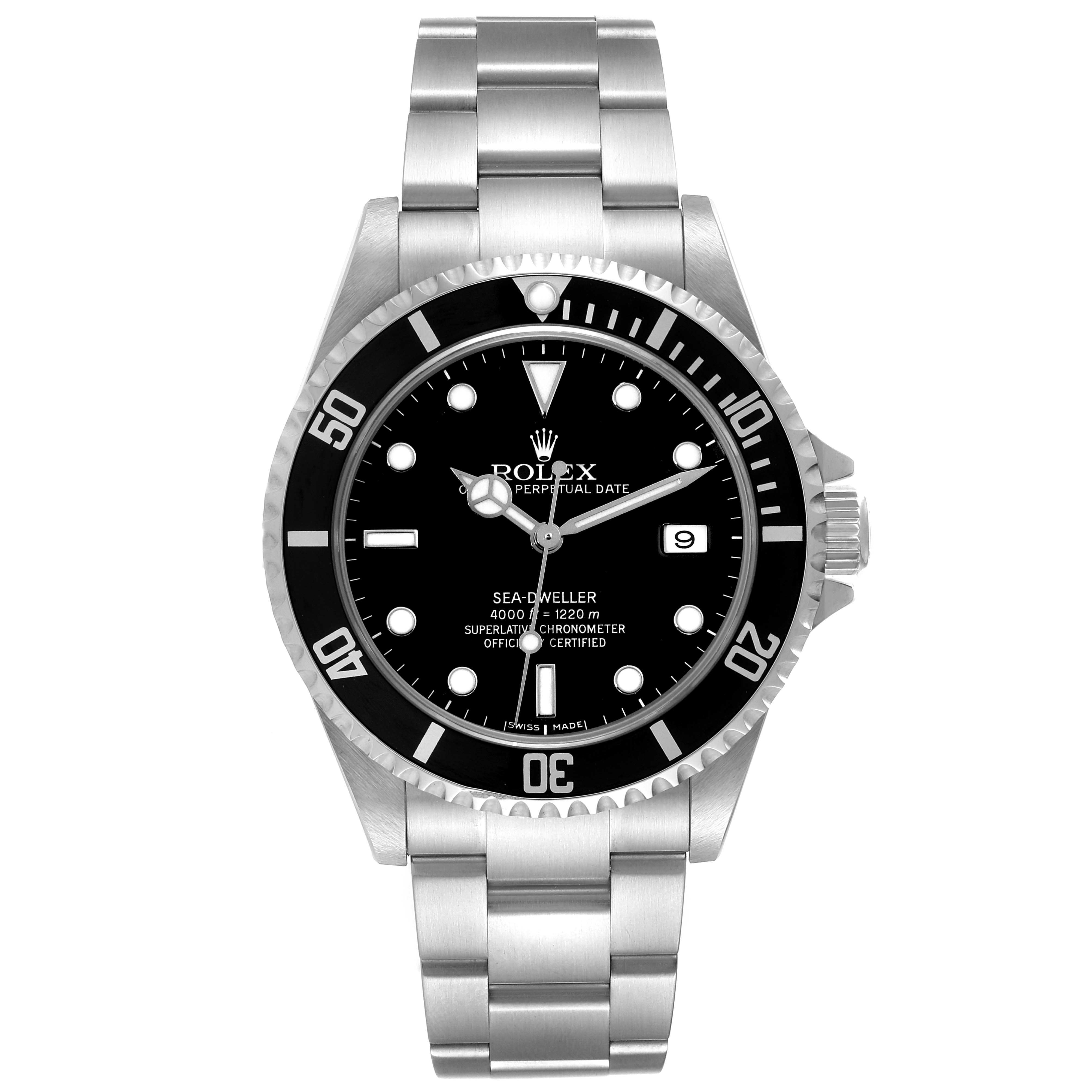 The image shows a front view of the Rolex Sea-Dweller 16600 Men's Stainless Steel Black Dial 16600 Men's Stainless Steel Black Dial watch, displaying its face, bezel, and bracelet.
