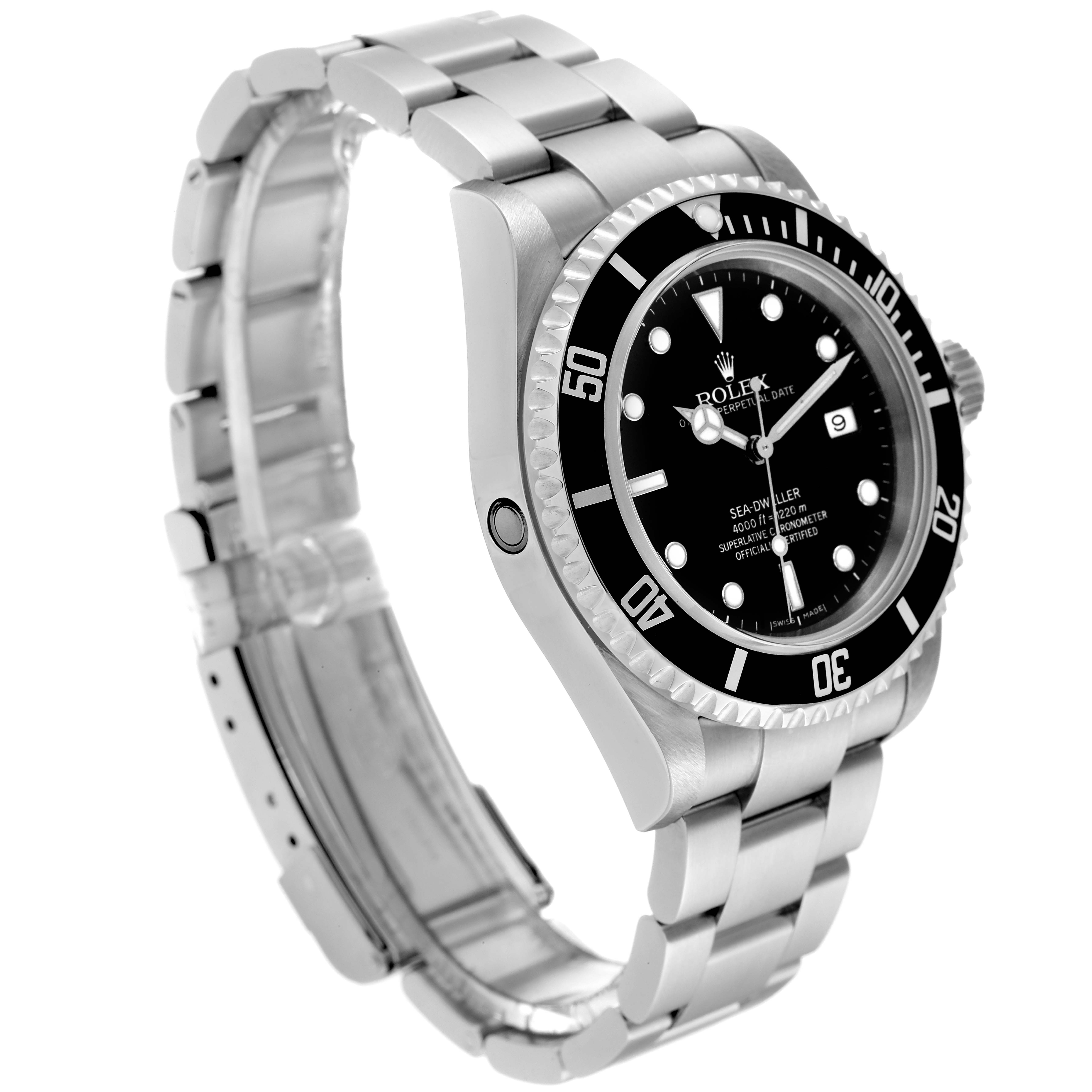 The image shows a side angle of a Rolex Sea-Dweller 16600 Men's Stainless Steel Black Dial 16600 Men's Stainless Steel Black Dial watch, highlighting the bracelet, face, bezel, and crown.