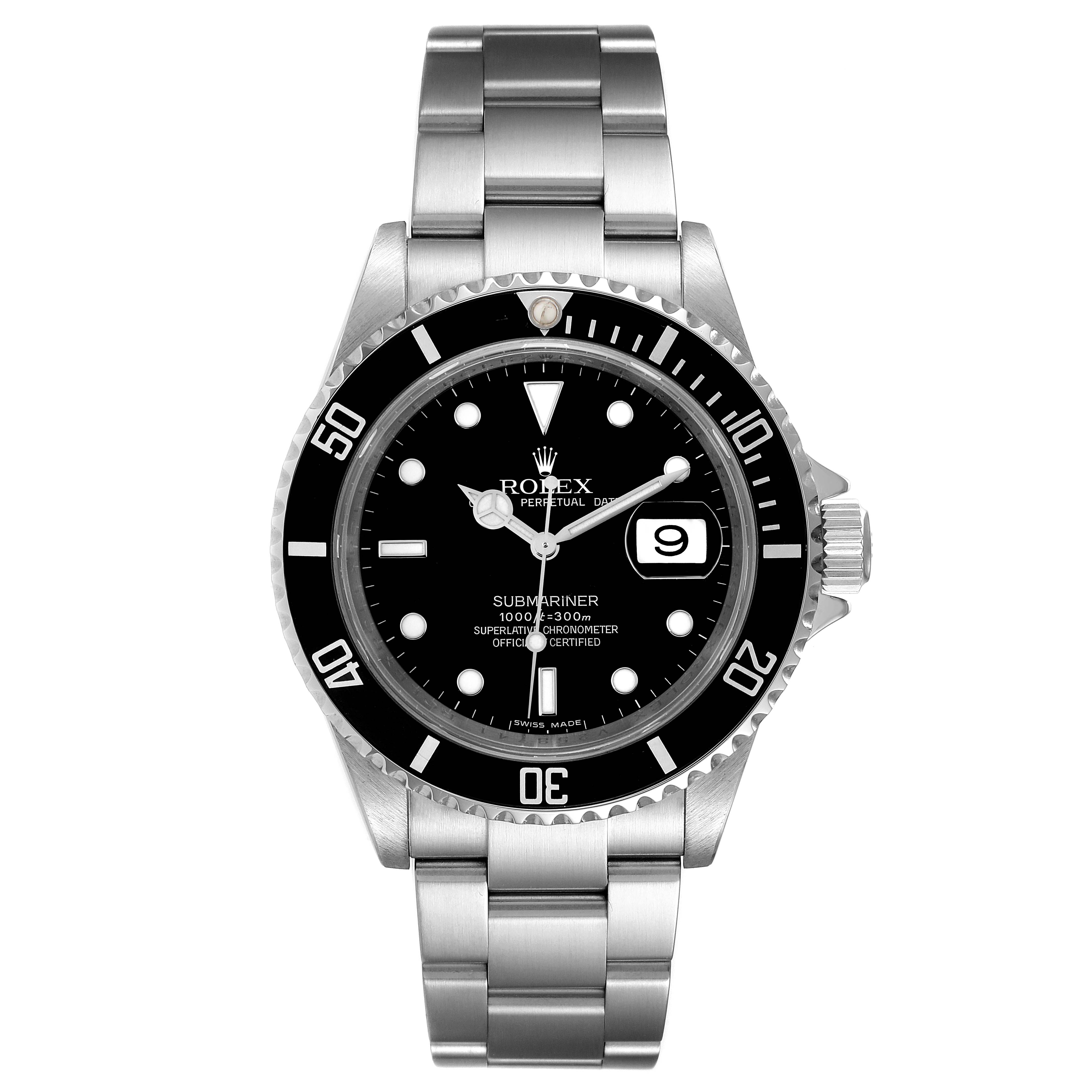The image shows a front view of the Rolex Submariner 16610 Men's Stainless Steel Black Dial 16610 Men's Stainless Steel Black Dial, highlighting the dial, bezel, case, and bracelet with the date window.