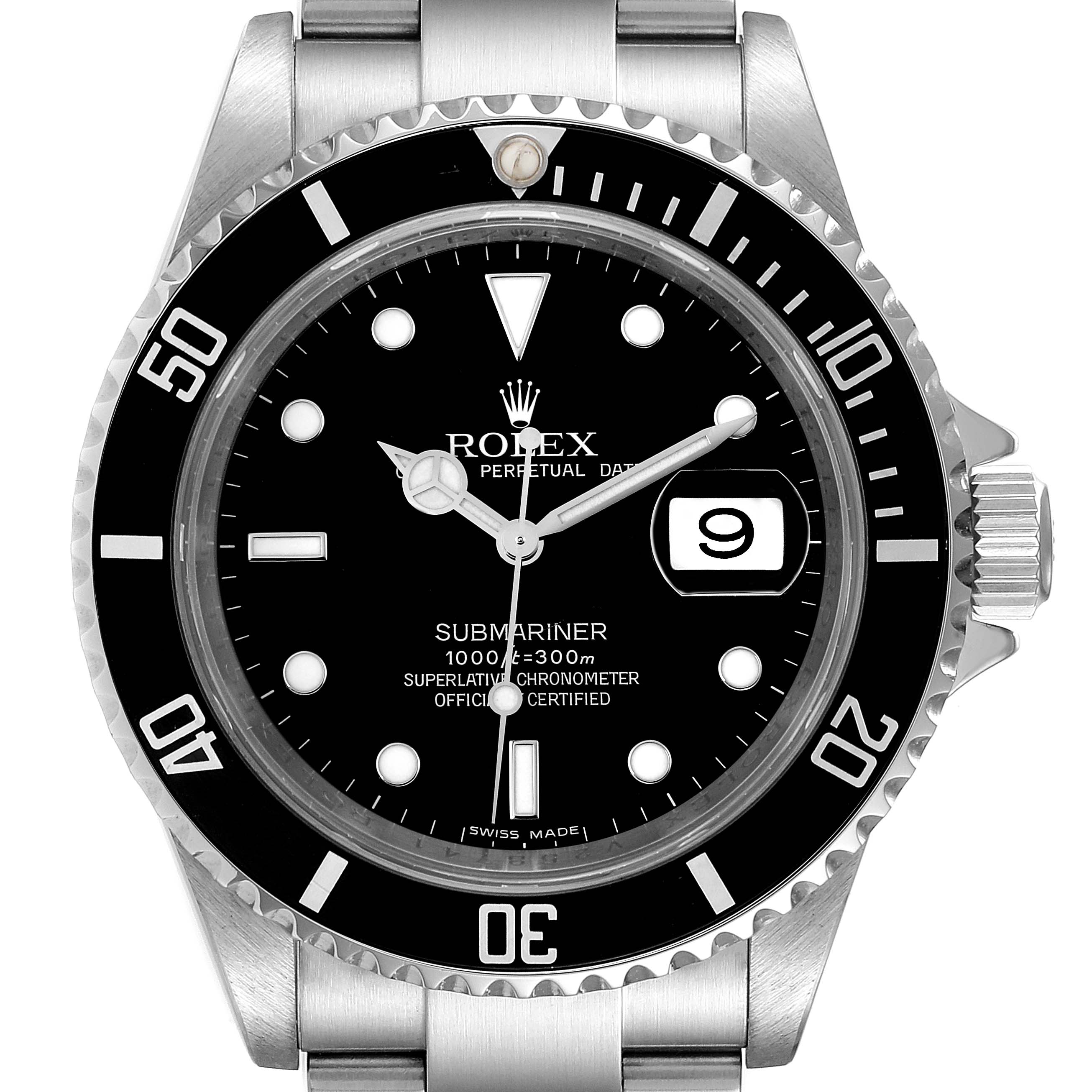 This is a front view of the Rolex Submariner 16610 Men's Stainless Steel Black Dial 16610 Men's Stainless Steel Black Dial watch, showing the dial, bezel, and part of the bracelet.