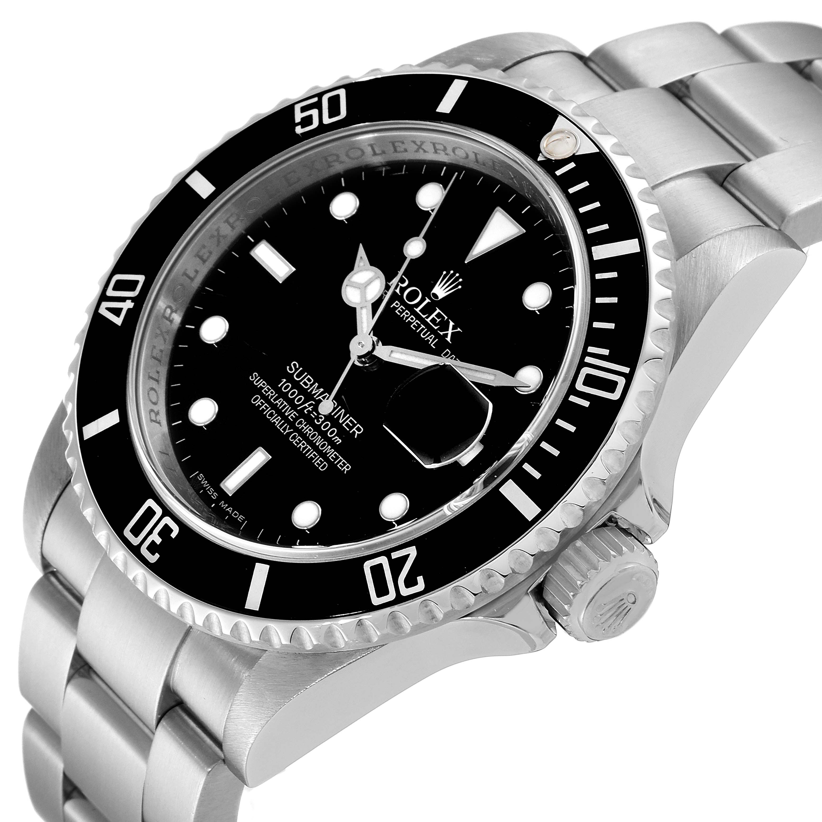 The image shows a Rolex Submariner 16610 Men's Stainless Steel Black Dial 16610 Men's Stainless Steel Black Dial watch from an angled close-up, featuring the bezel, dial, crown, and bracelet.