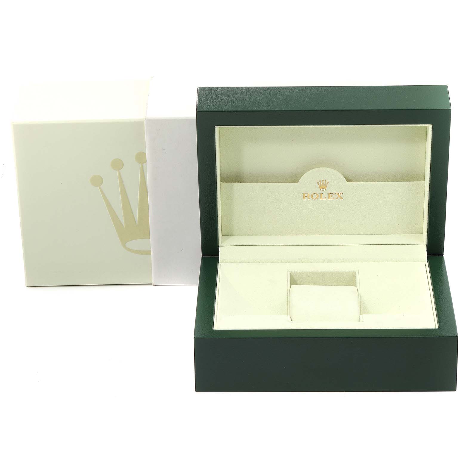 The image shows an open Rolex watch box at an eye-level angle, with "Rolex" and the logo inside the Submariner model box.