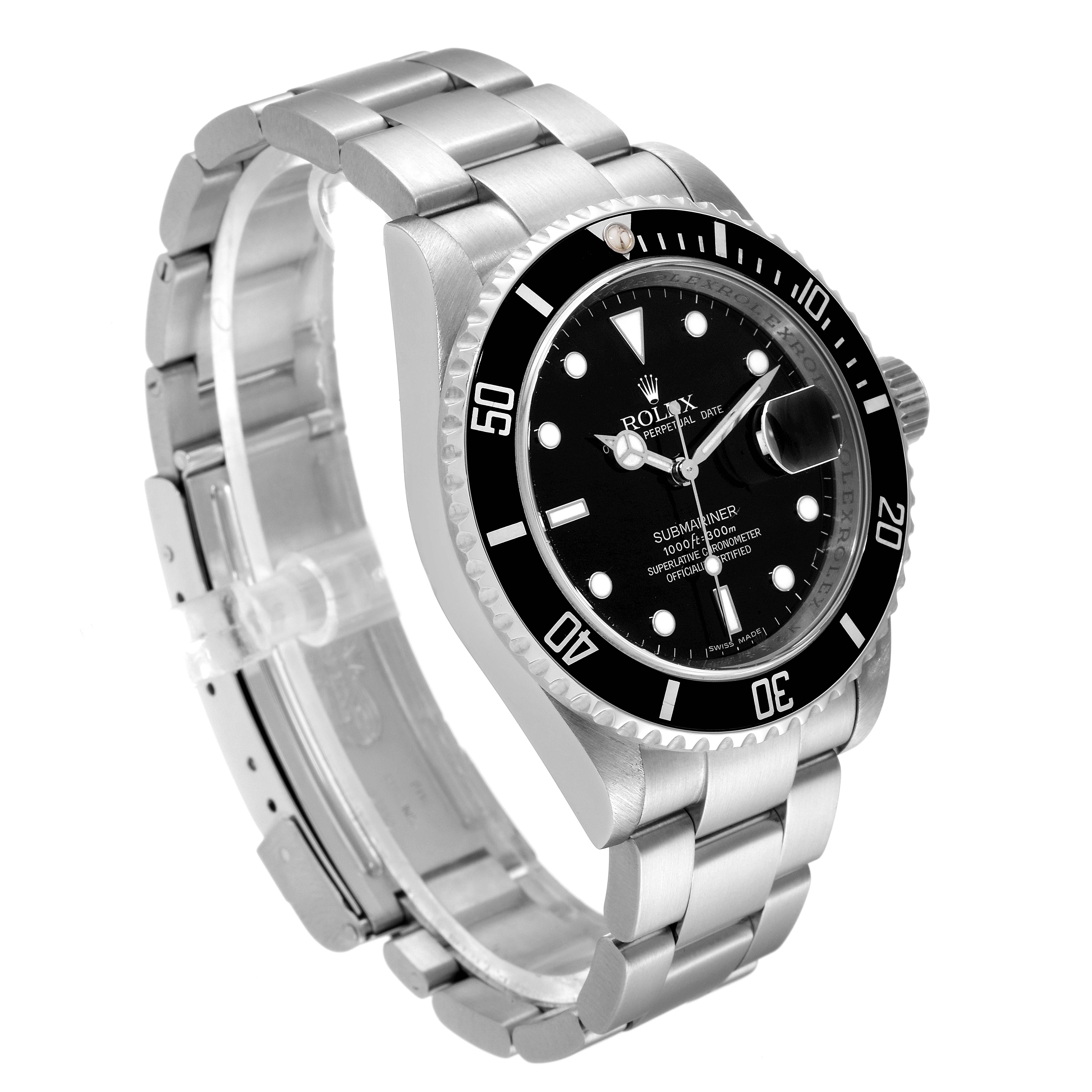 The image shows a Rolex Submariner 16610 Men's Stainless Steel Black Dial 16610 Men's Stainless Steel Black Dial watch at a slight side angle, highlighting its black dial, bezel, and metal bracelet.