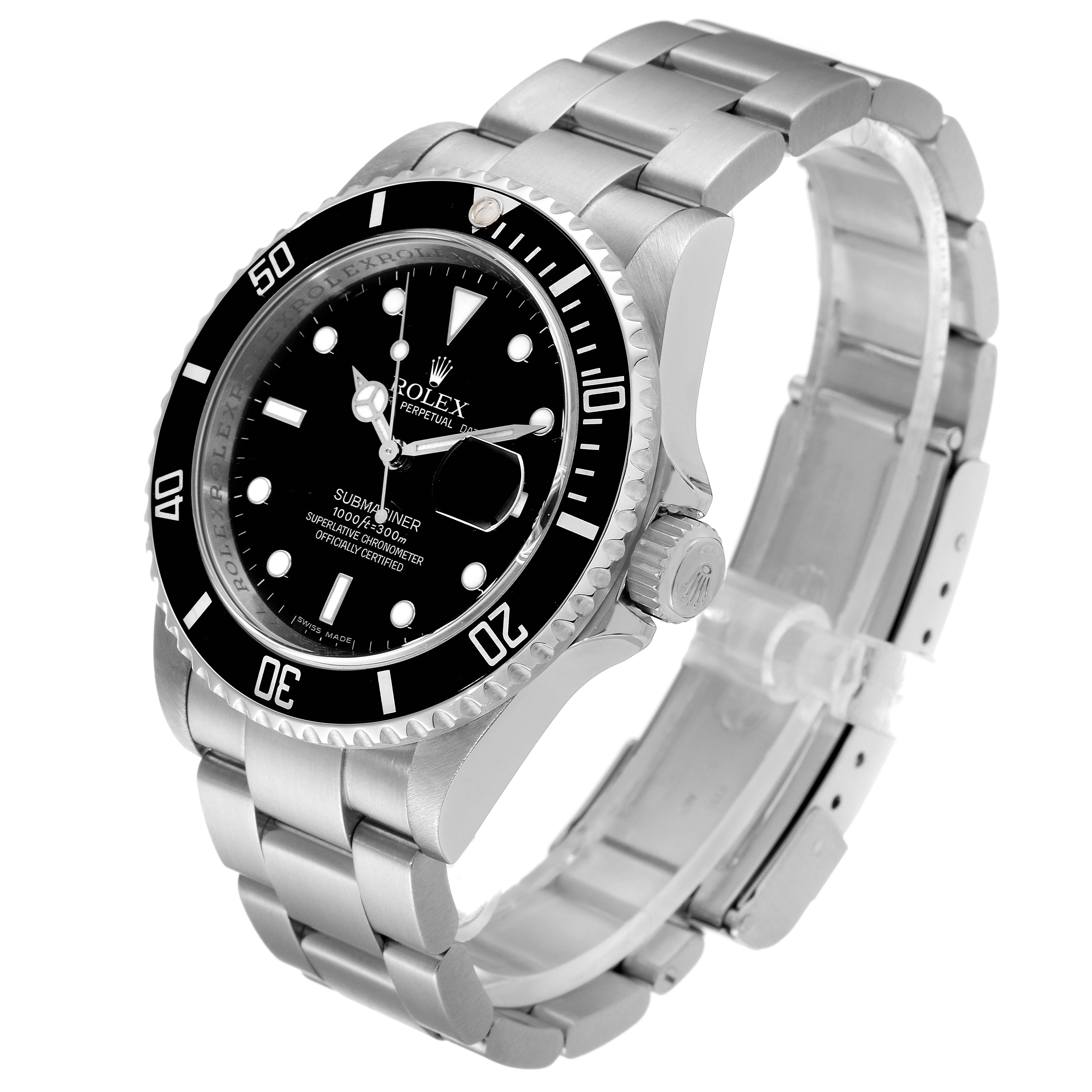 The image shows a Rolex Submariner 16610 Men's Stainless Steel Black Dial 16610 Men's Stainless Steel Black Dial watch from a front-side angle, highlighting its dial, bezel, bracelet, and crown.
