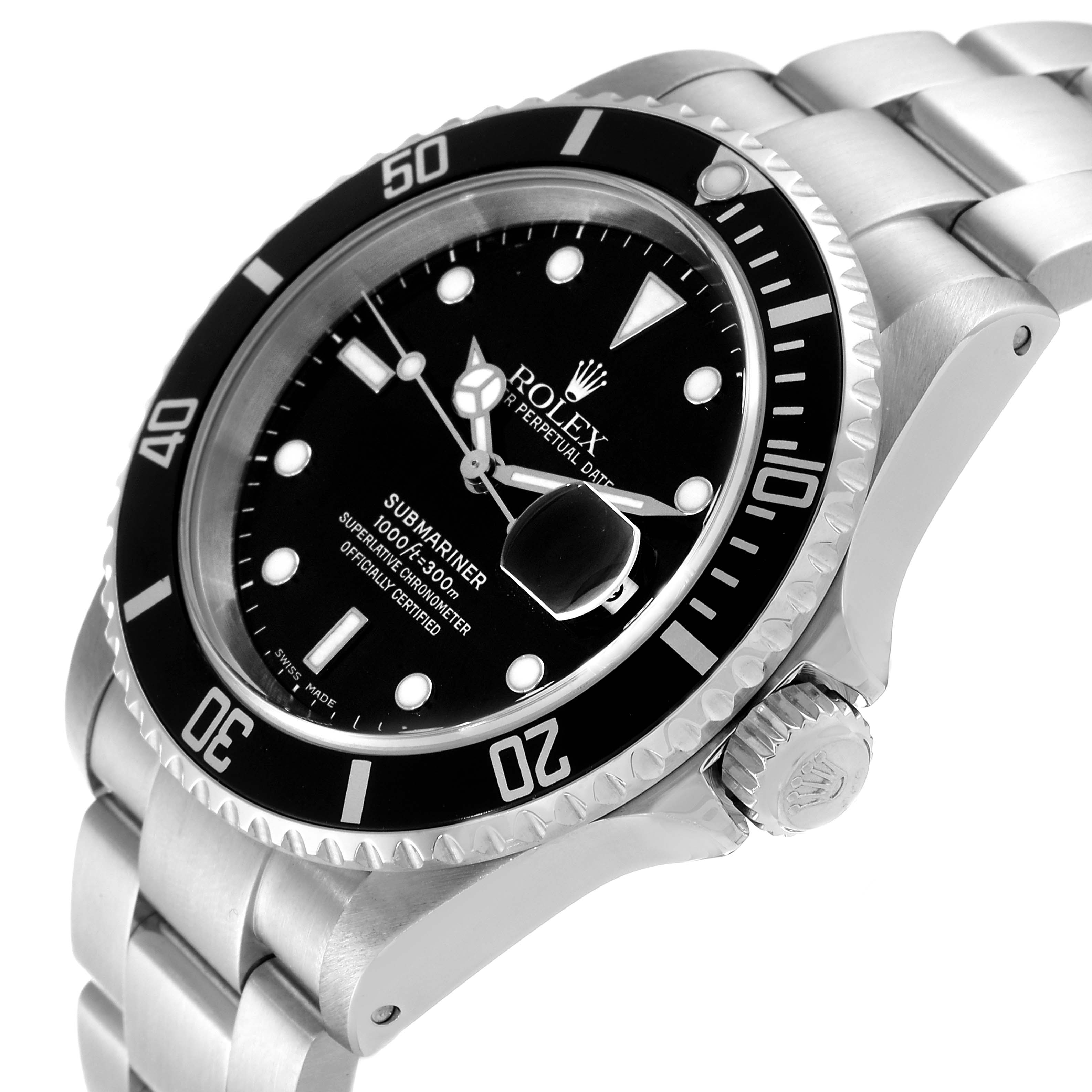 The image shows a side angle of a Rolex Submariner 16610 Men
s Stainless Steel Black Dial 16610 Men
s Stainless Steel Black Dial, highlighting the bezel, dial, and bracelet.