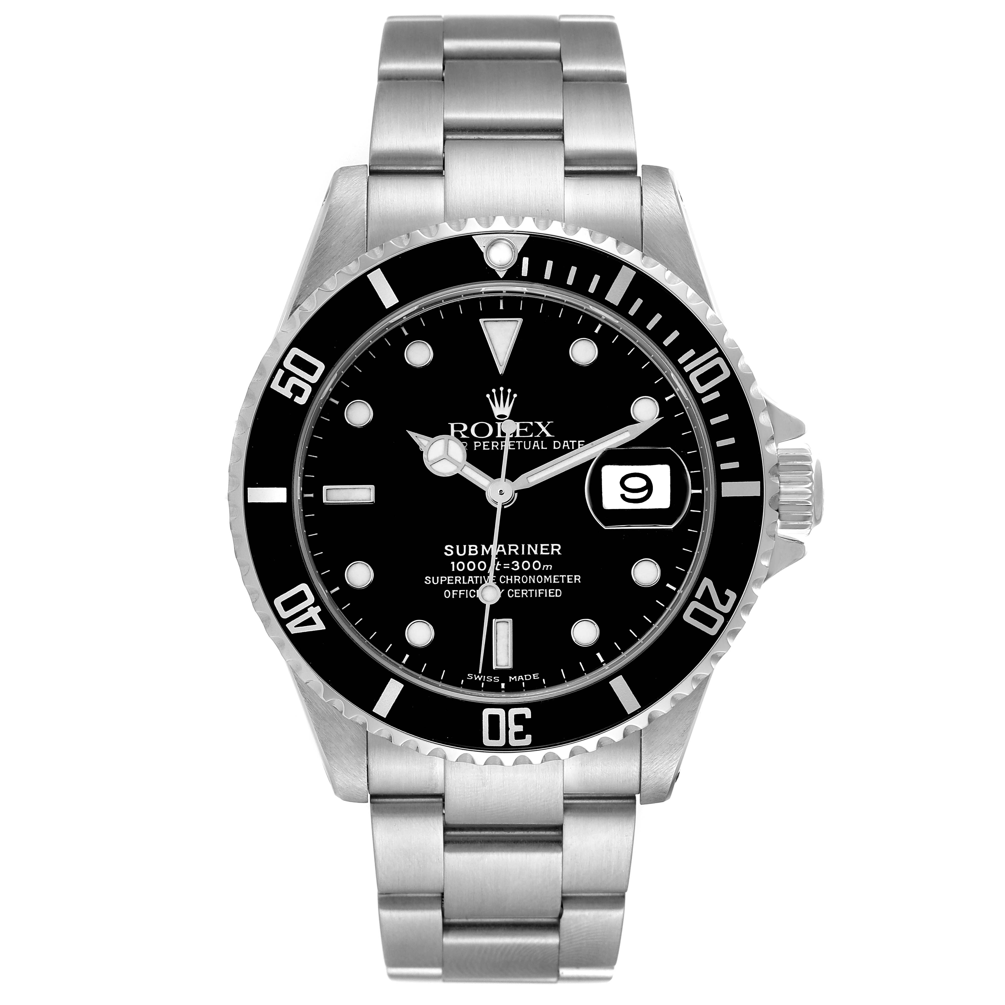 The Rolex Submariner 16610 Men
s Stainless Steel Black Dial 16610 Men
s Stainless Steel Black Dial watch is shown straight-on, displaying its face, bezel, bracelet, and crown.