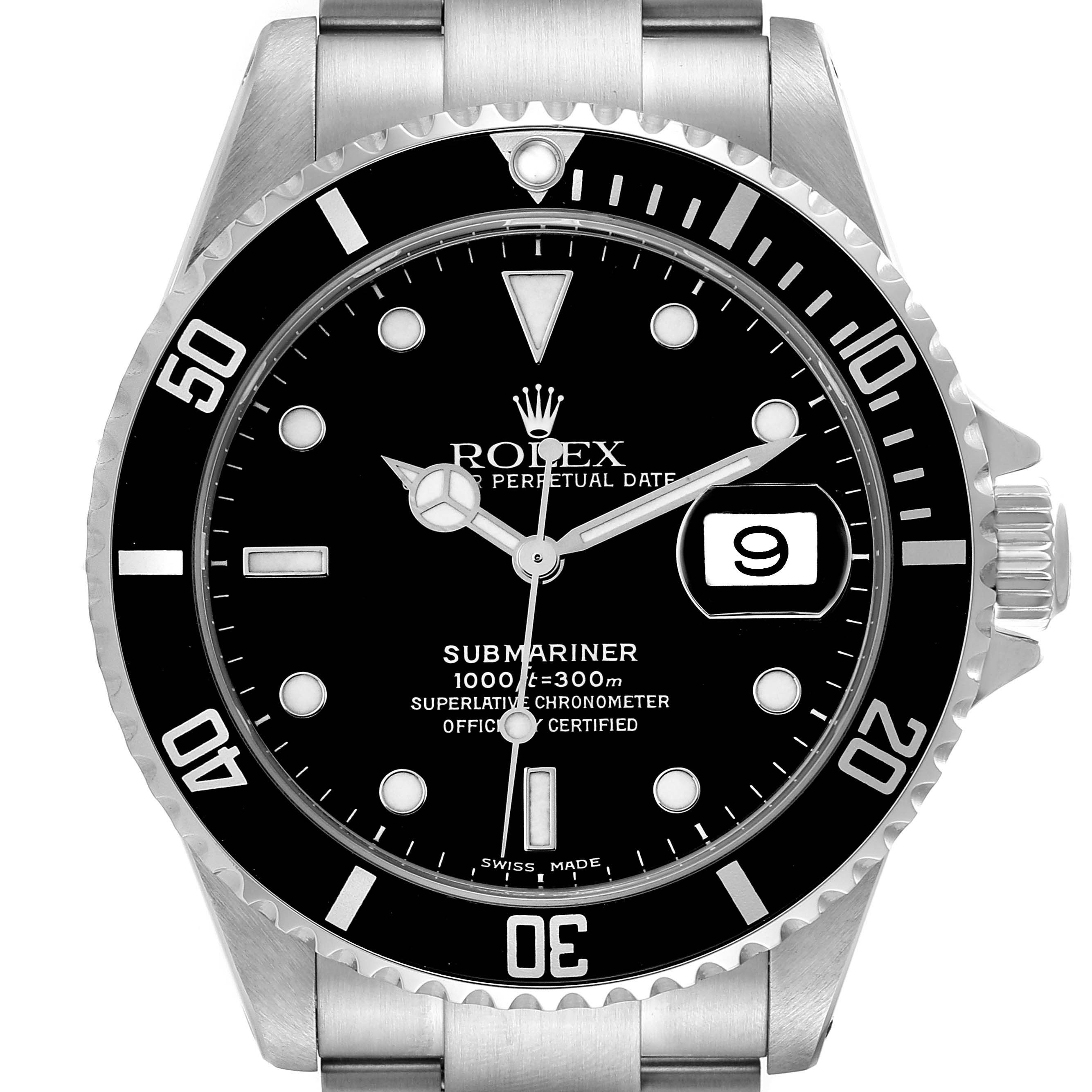 This image shows the front view of a Rolex Submariner 16610 Men
s Stainless Steel Black Dial 16610 Men
s Stainless Steel Black Dial watch, displaying its bezel, dial, luminous markers, and date window.