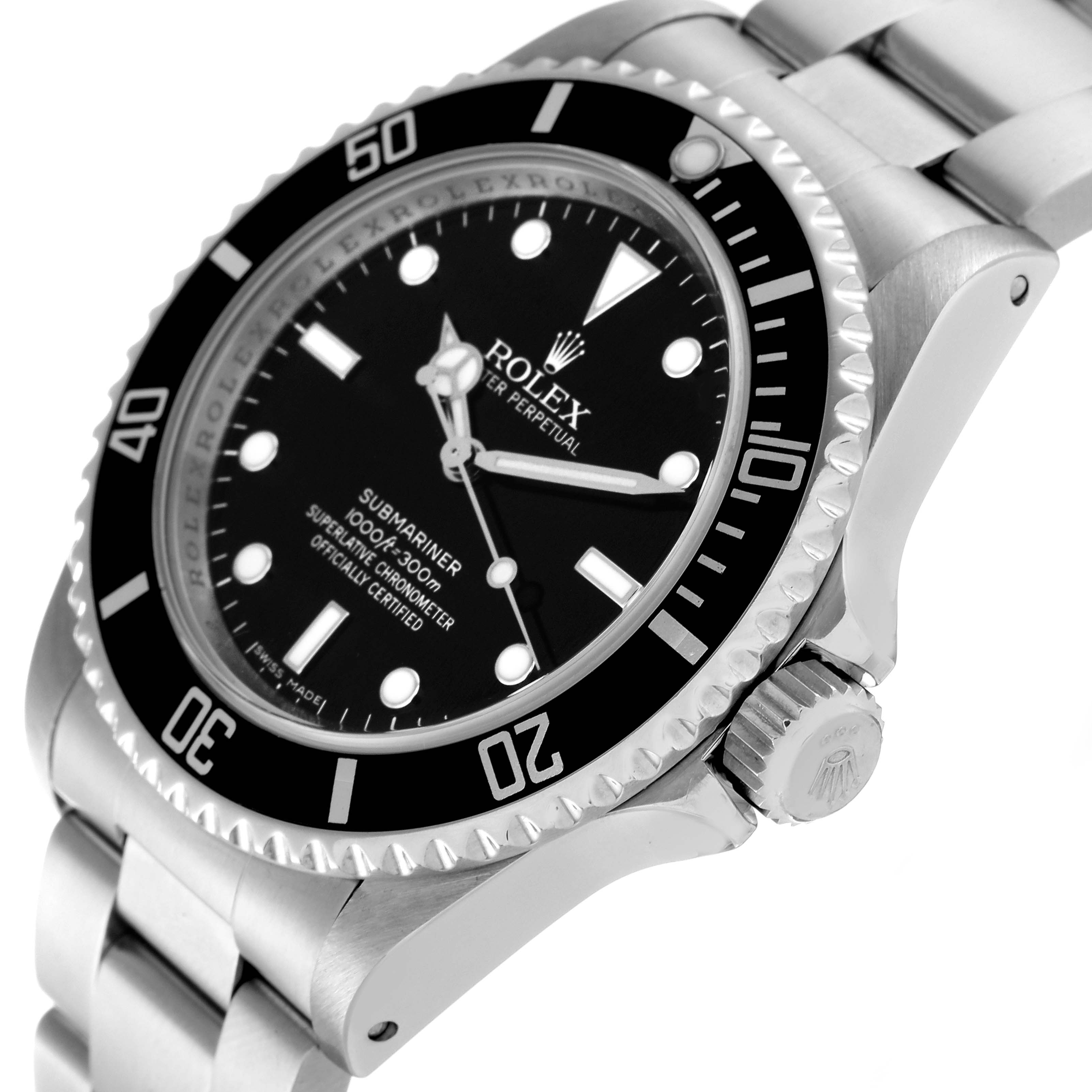 The image shows a close-up angle of the Rolex Submariner 14060M Men
s Stainless Steel Black Dial 14060M Men
s Stainless Steel Black Dial, featuring the dial, bezel, crown, and part of the bracelet.