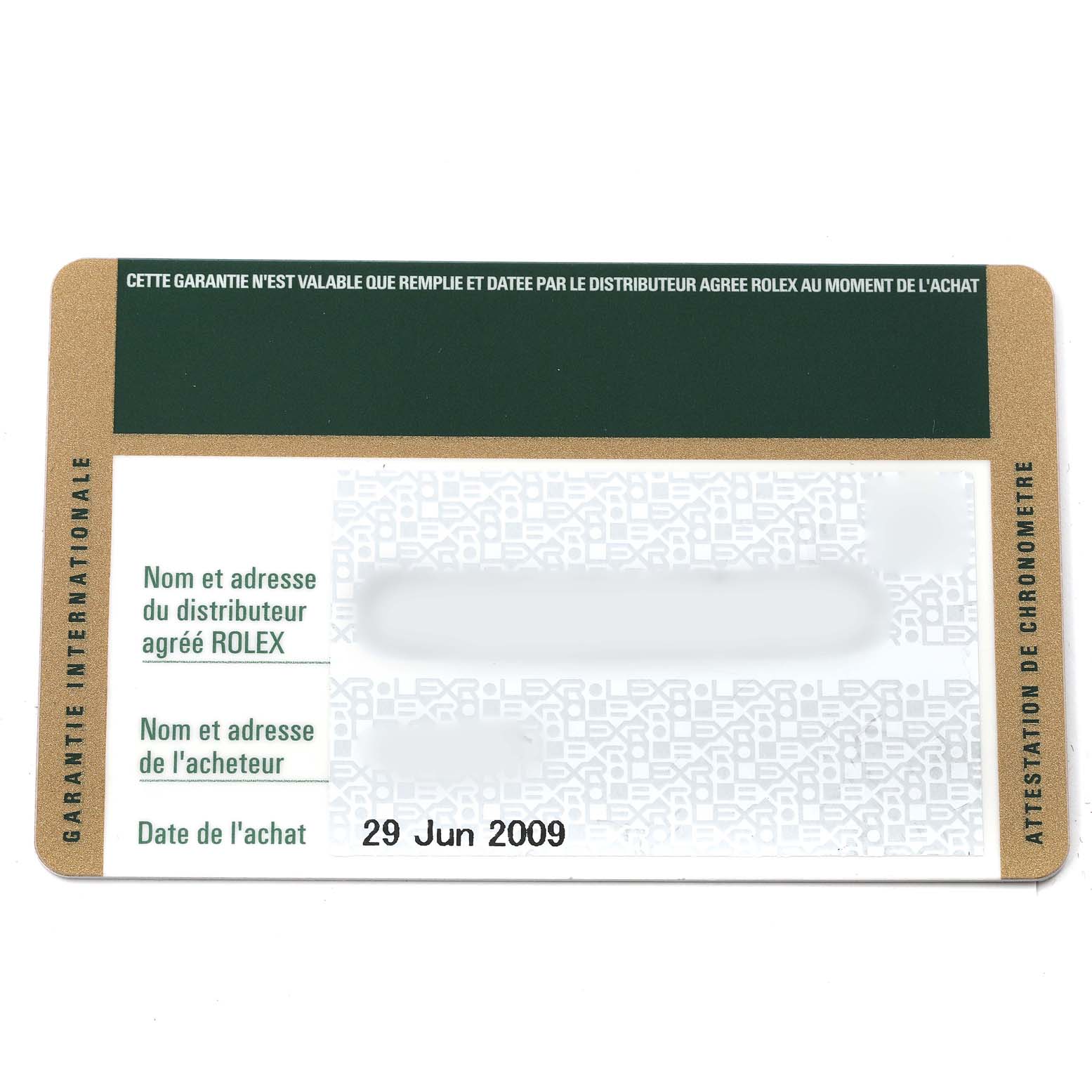 This image shows the warranty card for a Rolex Submariner 14060M Men
s Stainless Steel Black Dial 14060M Men
s Stainless Steel Black Dial, dated 29 June 2009.