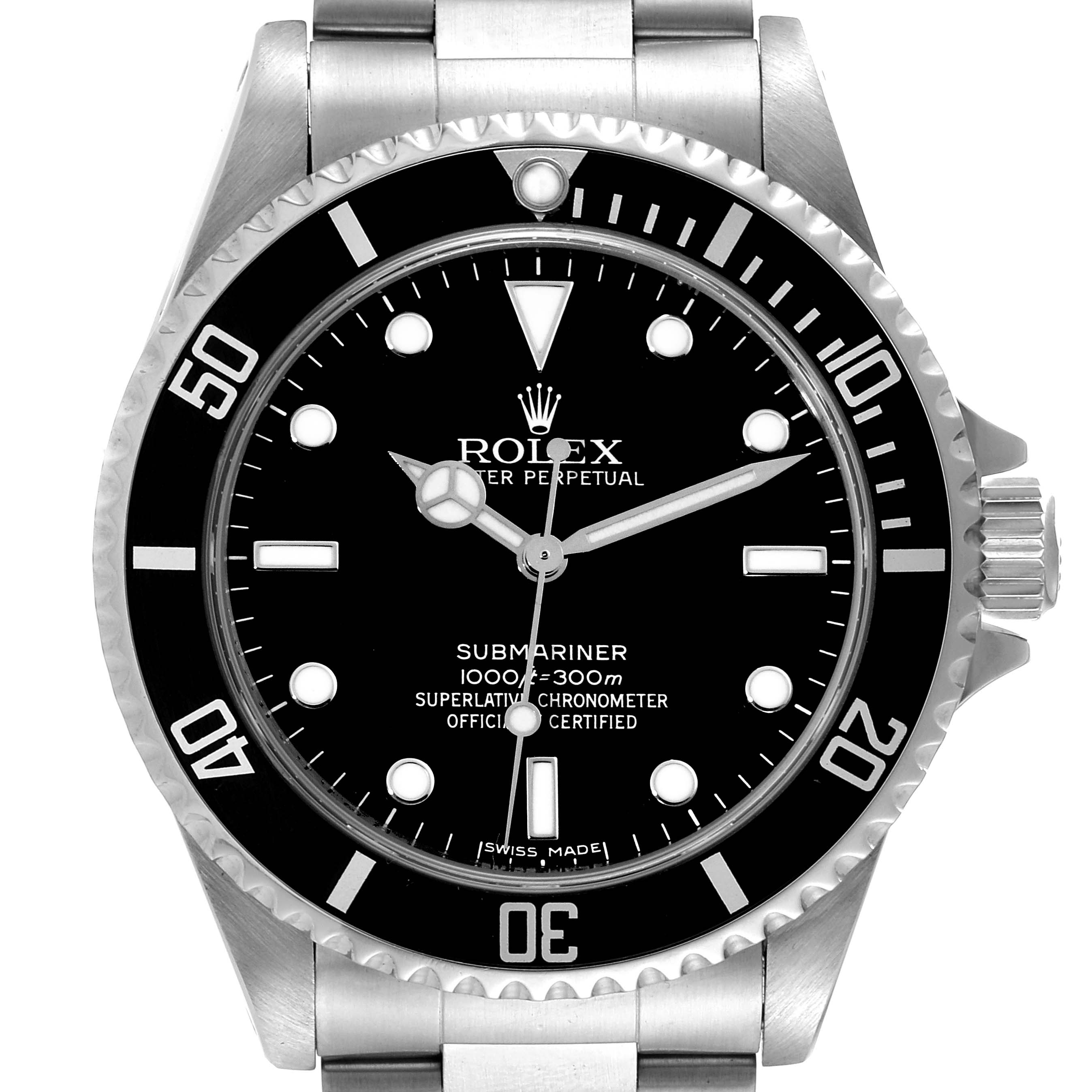 The image shows a front view of a Rolex Submariner 14060M Men
s Stainless Steel Black Dial 14060M Men
s Stainless Steel Black Dial watch, highlighting its dial, bezel, hands, and bracelet.
