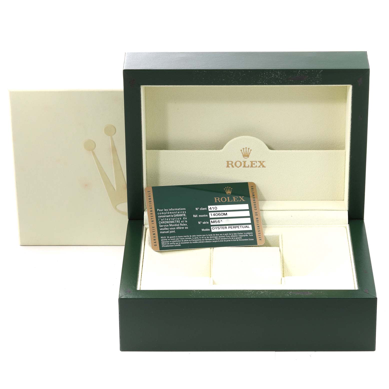 The image shows a Rolex Submariner 14060M Men
s Stainless Steel Black Dial 14060M Men
s Stainless Steel Black Dial watch box and certification card displayed from a front angle.