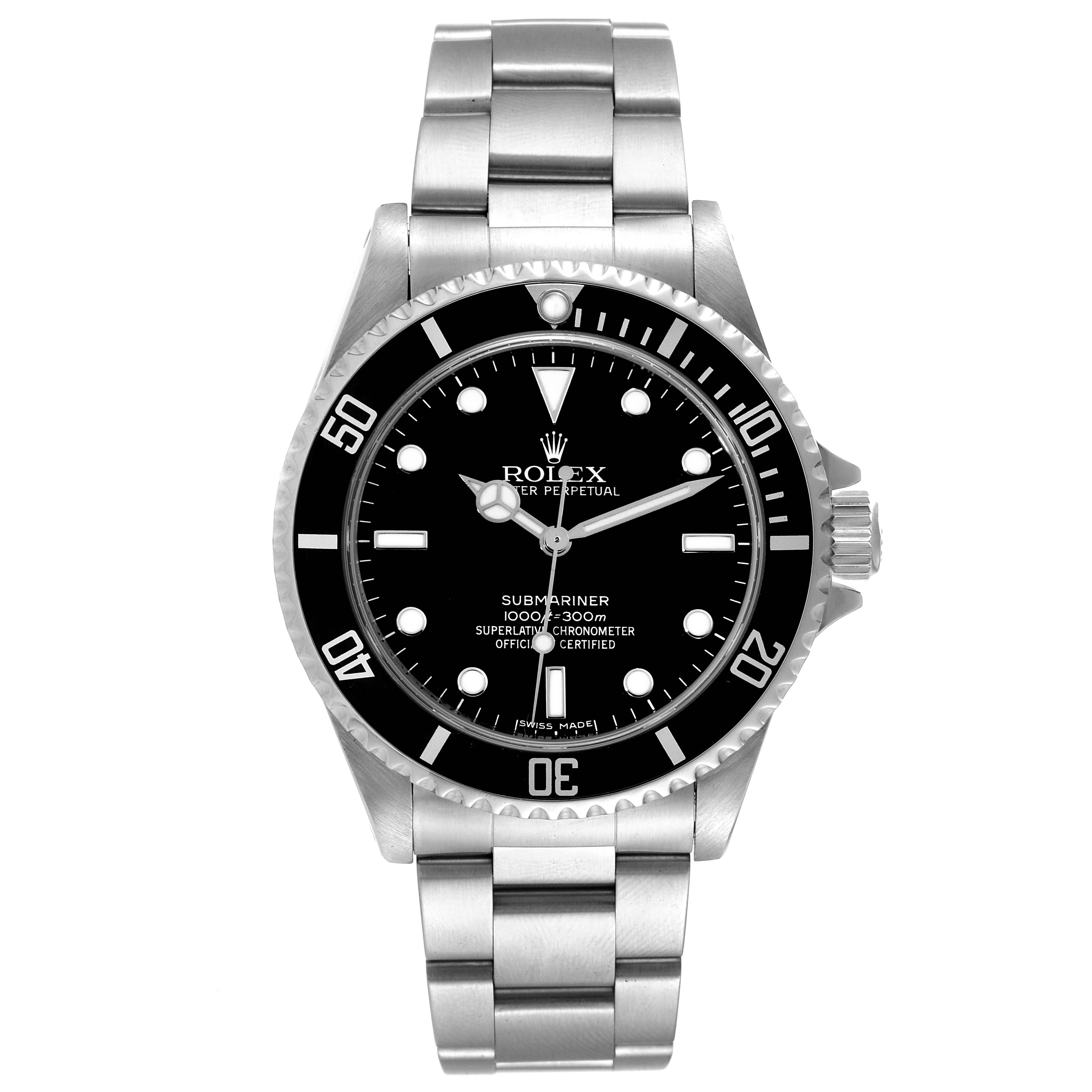 The image shows a front view of a Rolex Submariner 14060M Men
s Stainless Steel Black Dial 14060M Men
s Stainless Steel Black Dial watch, displaying its dial, bezel, and bracelet.