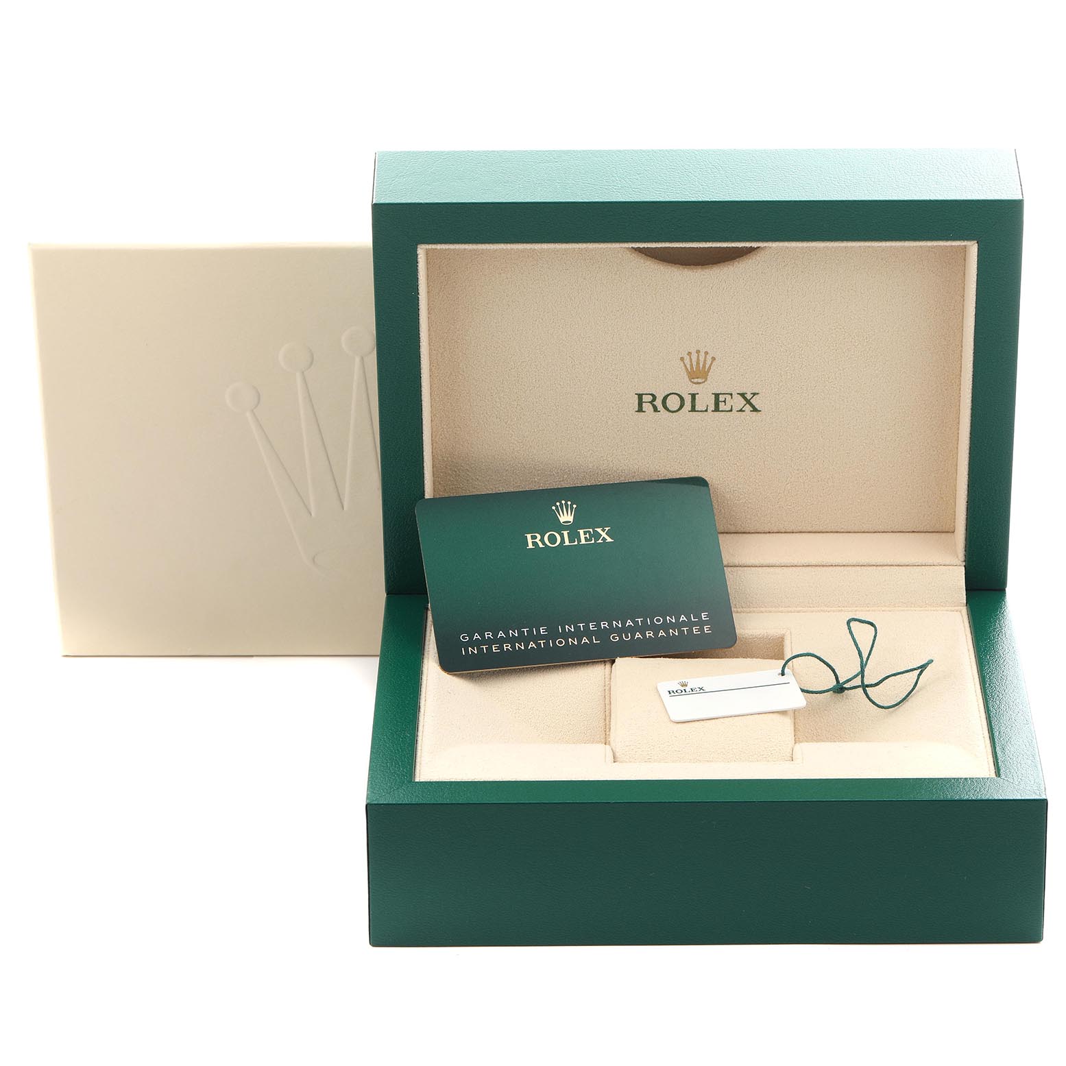 The image shows an open Rolex Submariner 124060 Men
s Stainless Steel Black Dial 124060 Men
s Stainless Steel Black Dial box with a warranty card and tag inside, viewed from the front.