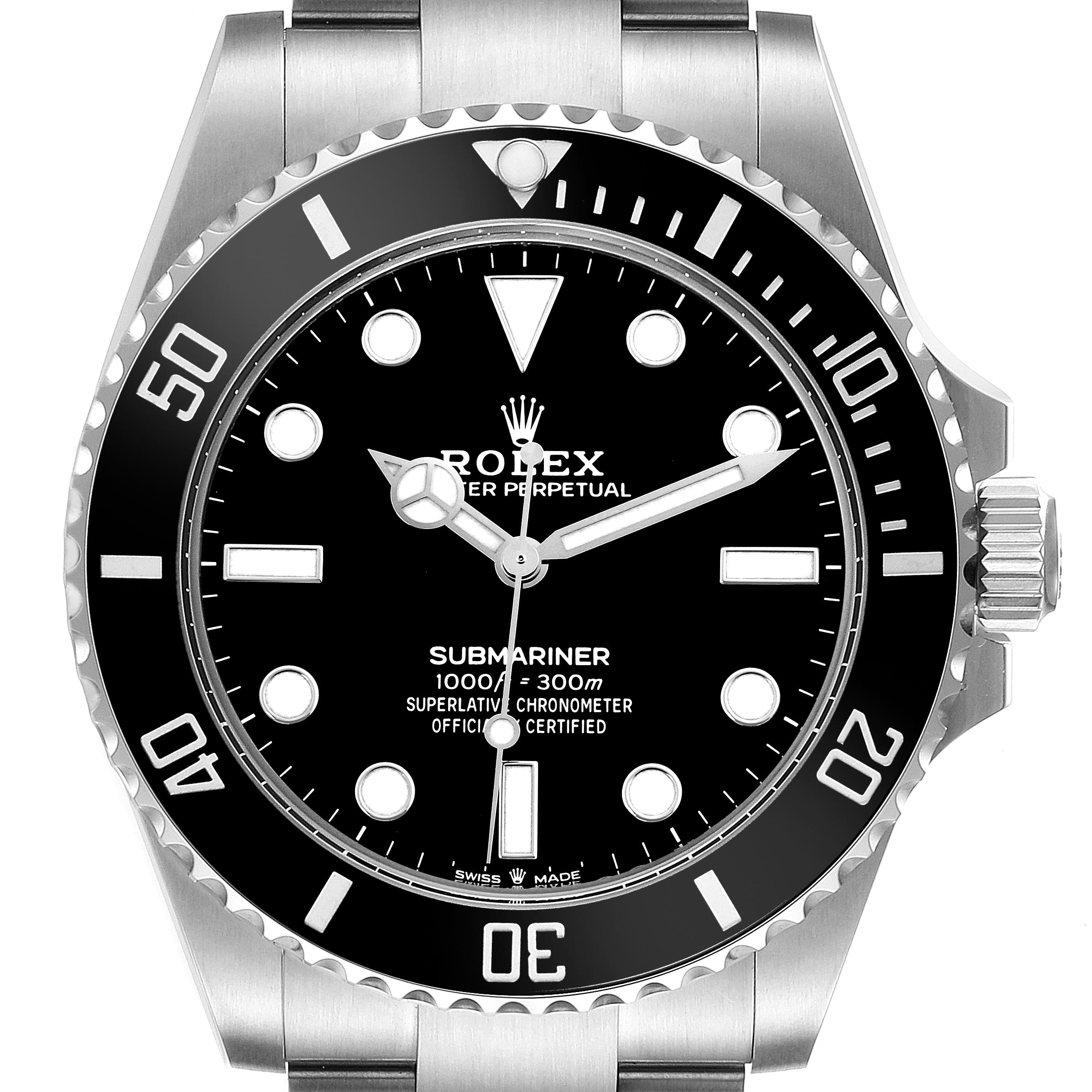 The Rolex Submariner 124060 Men
s Stainless Steel Black Dial 124060 Men
s Stainless Steel Black Dial is shown from the front, highlighting its bezel, dial, hands, markers, and crown.