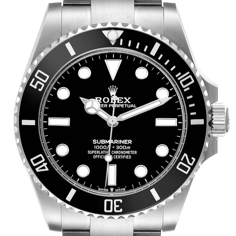 The Rolex Submariner is shown from the front, highlighting its bezel, dial, hands, markers, and crown.