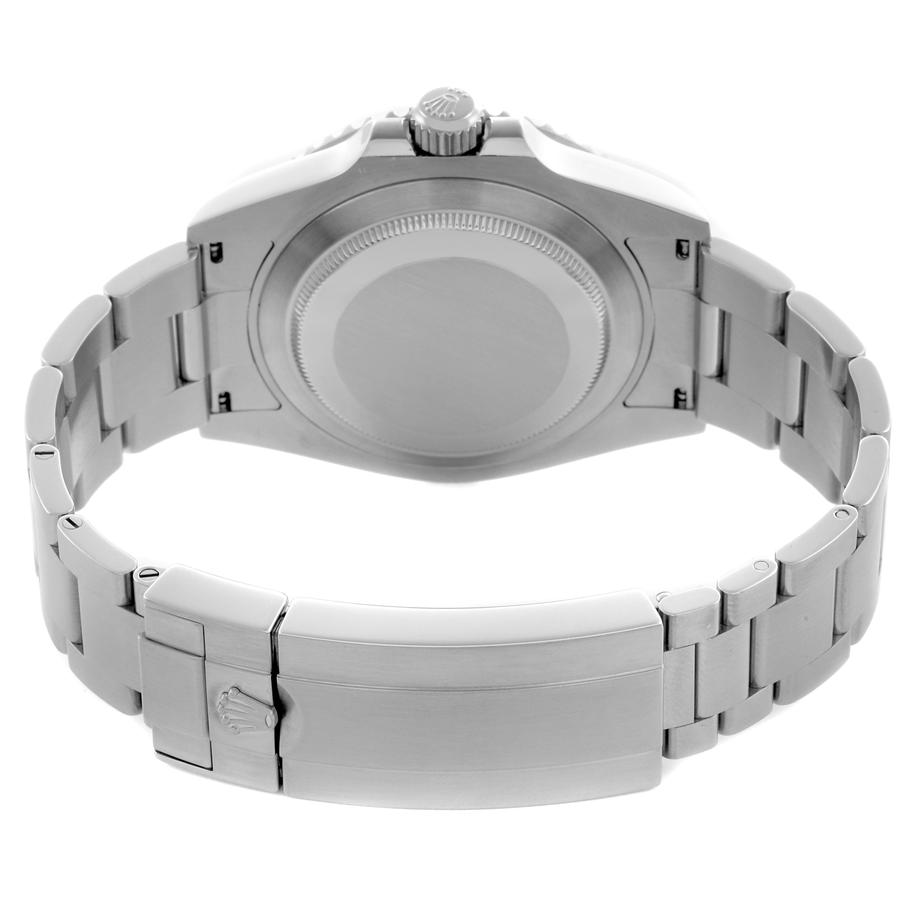 The Rolex Submariner 124060 Men
s Stainless Steel Black Dial 124060 Men
s Stainless Steel Black Dial is shown from the back, highlighting the case back, bracelet, and clasp from the underside.