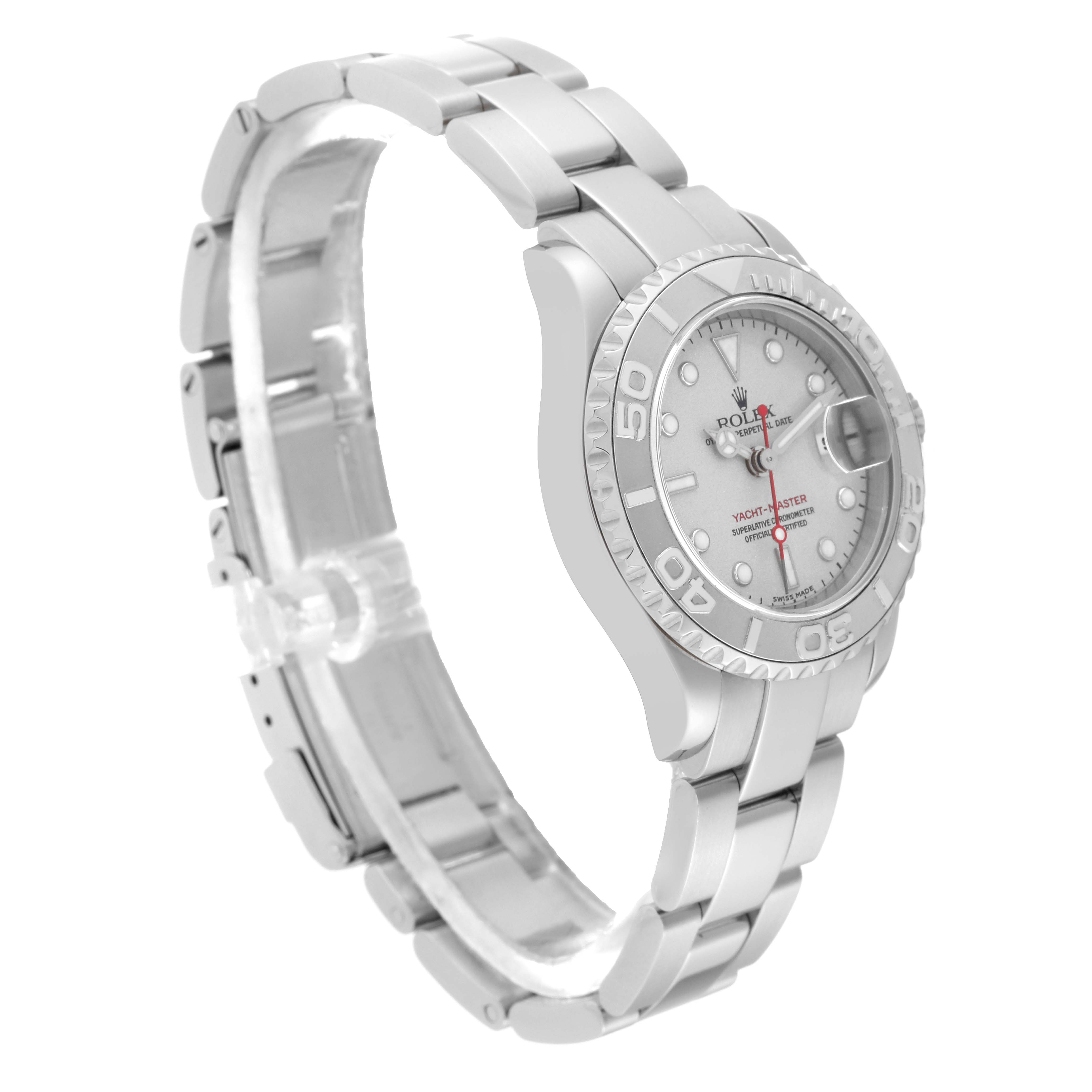 This Rolex Yacht-Master 169622 Women's Stainless Steel Silver Dial 169622 Women's Stainless Steel Silver Dial watch is shown at a three-quarter angle, highlighting its face, bezel, and part of the bracelet.