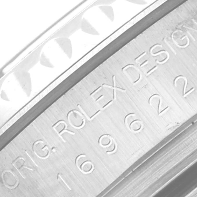 The image shows a close-up view of the engraved text on the side of the bezel of the Rolex Yacht-Master 169622 Women's Stainless Steel Silver Dial 169622 Women's Stainless Steel Silver Dial watch.