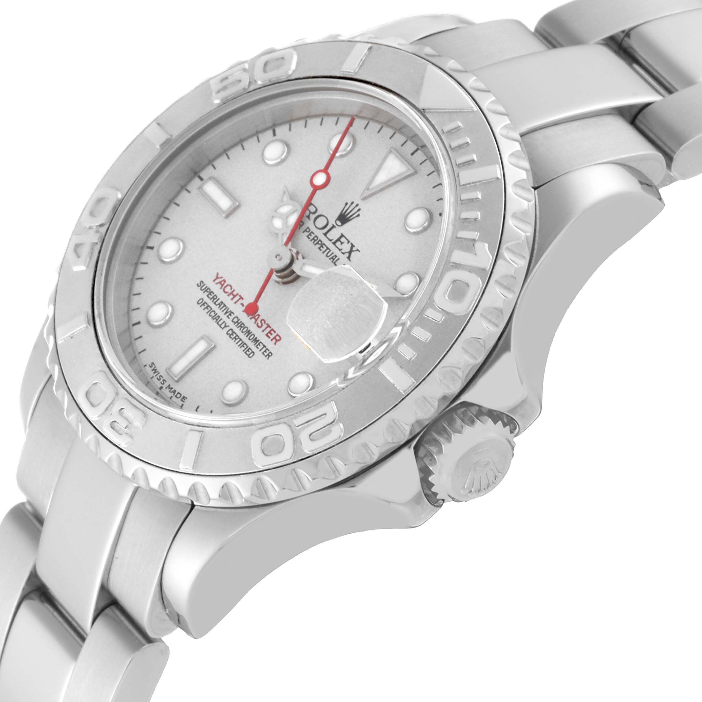 The image shows an angled view of the dial, bezel, bracelet, and crown of the Rolex Yacht-Master 169622 Women's Stainless Steel Silver Dial 169622 Women's Stainless Steel Silver Dial watch.