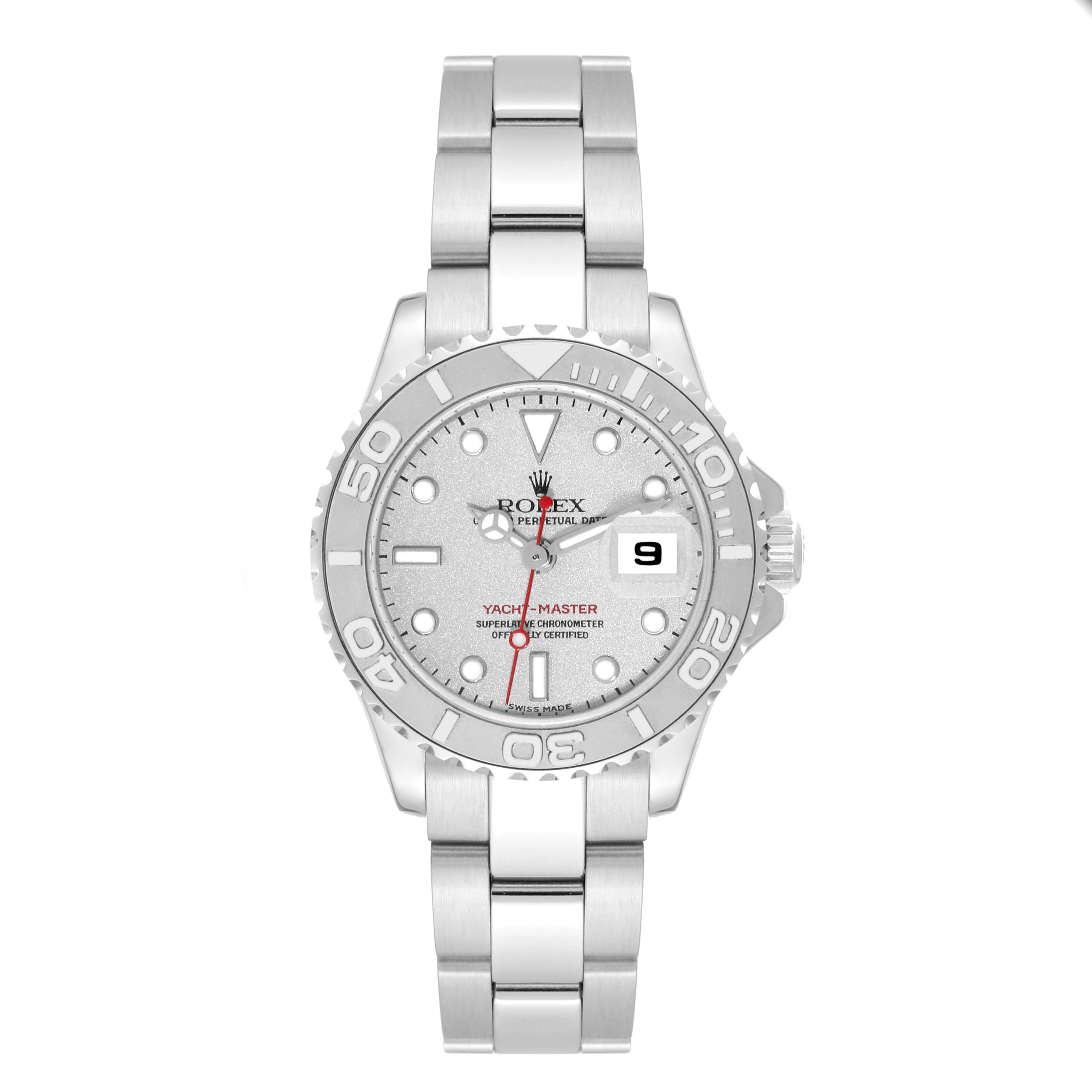 The image shows a front view of a Rolex Yacht-Master 169622 Women's Stainless Steel Silver Dial 169622 Women's Stainless Steel Silver Dial watch, displaying its dial, bezel, and stainless steel bracelet.