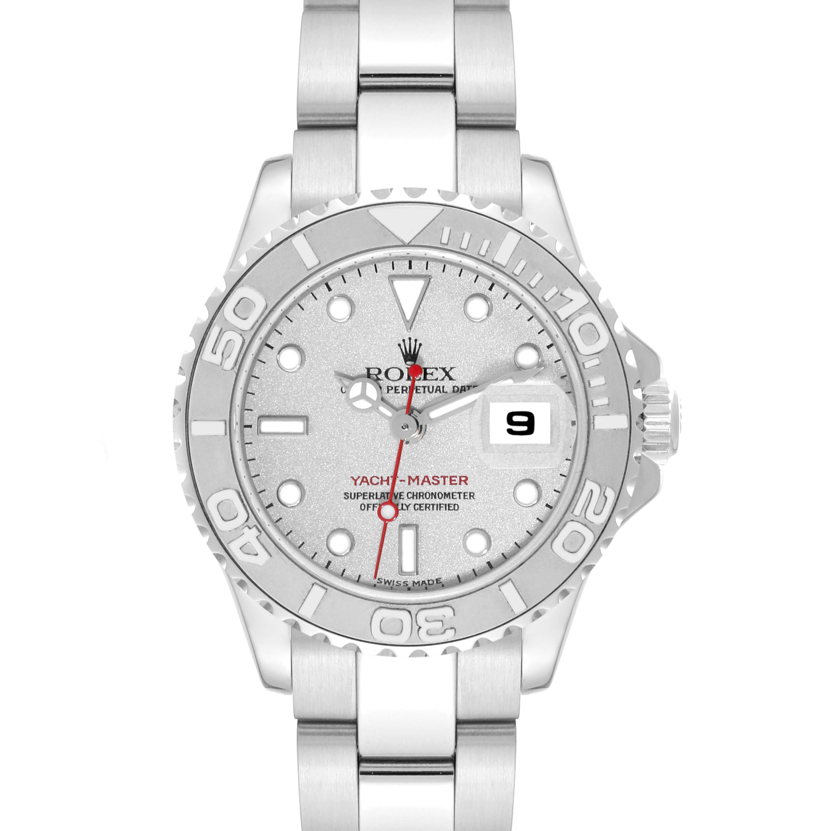 The image shows a front view of the Rolex Yacht-Master 169622 Women's Stainless Steel Silver Dial 169622 Women's Stainless Steel Silver Dial watch, focusing on the face, bezel, and bracelet.