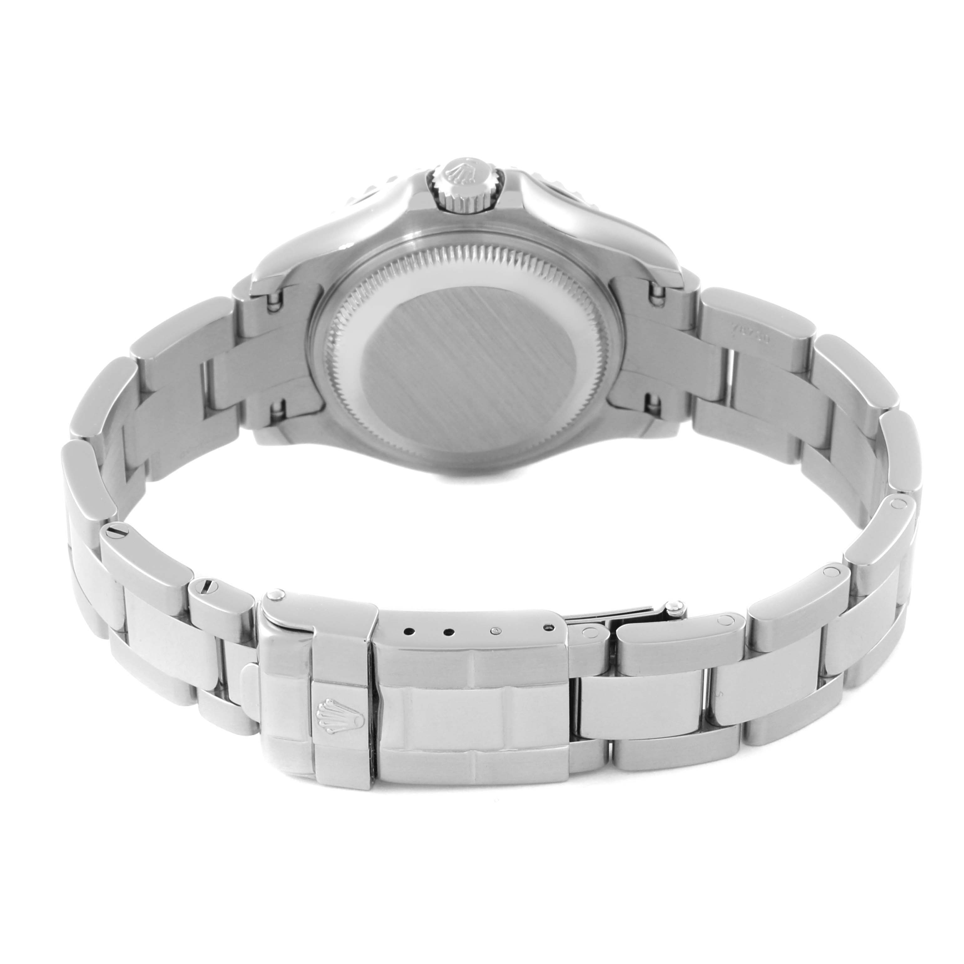 The image shows the backside and bracelet of a Rolex Yacht-Master 169622 Women's Stainless Steel Silver Dial 169622 Women's Stainless Steel Silver Dial watch, highlighting the clasp and case back.