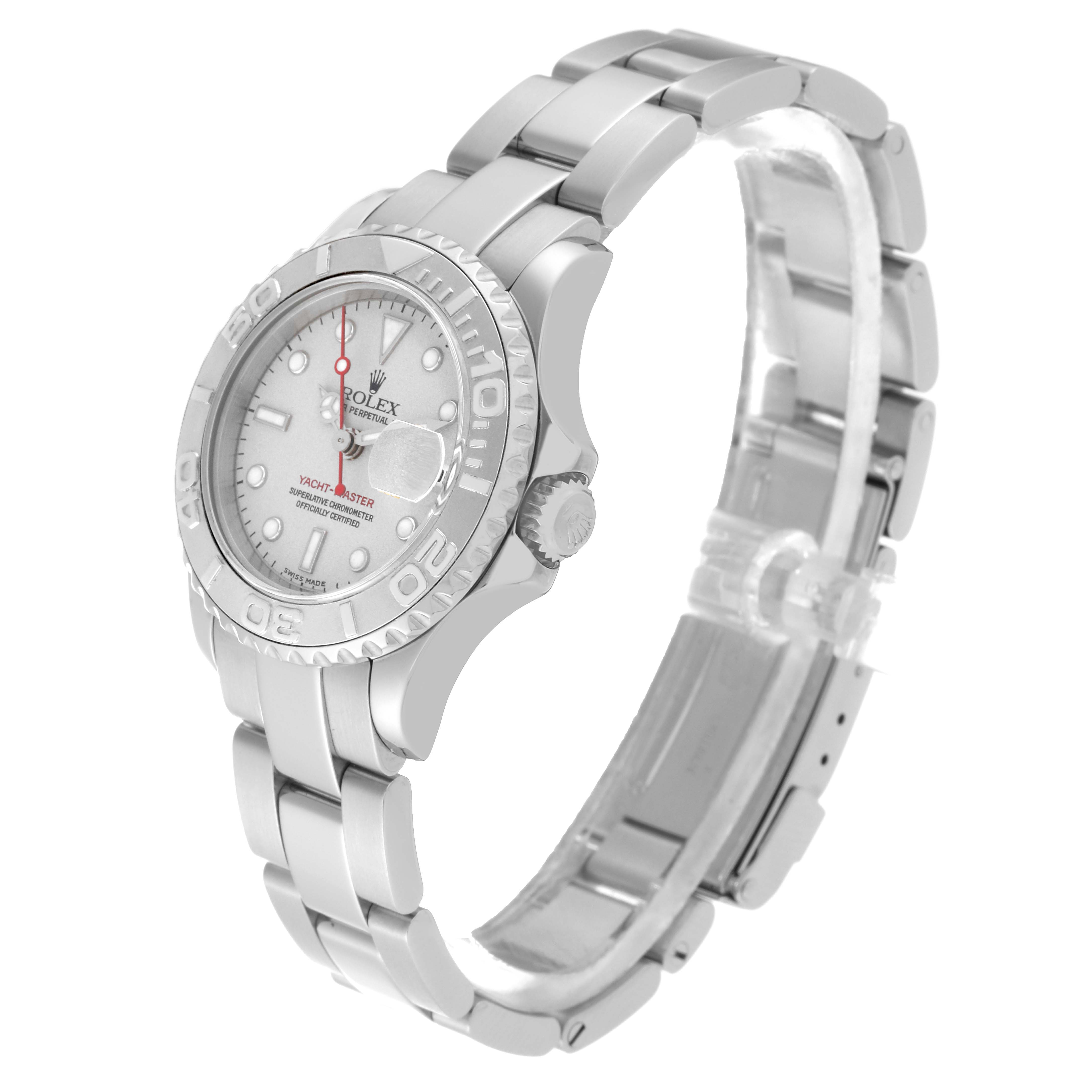 The Yacht-Master by Rolex is shown from a side and slight top angle, displaying the watch face, bezel, case, and bracelet.