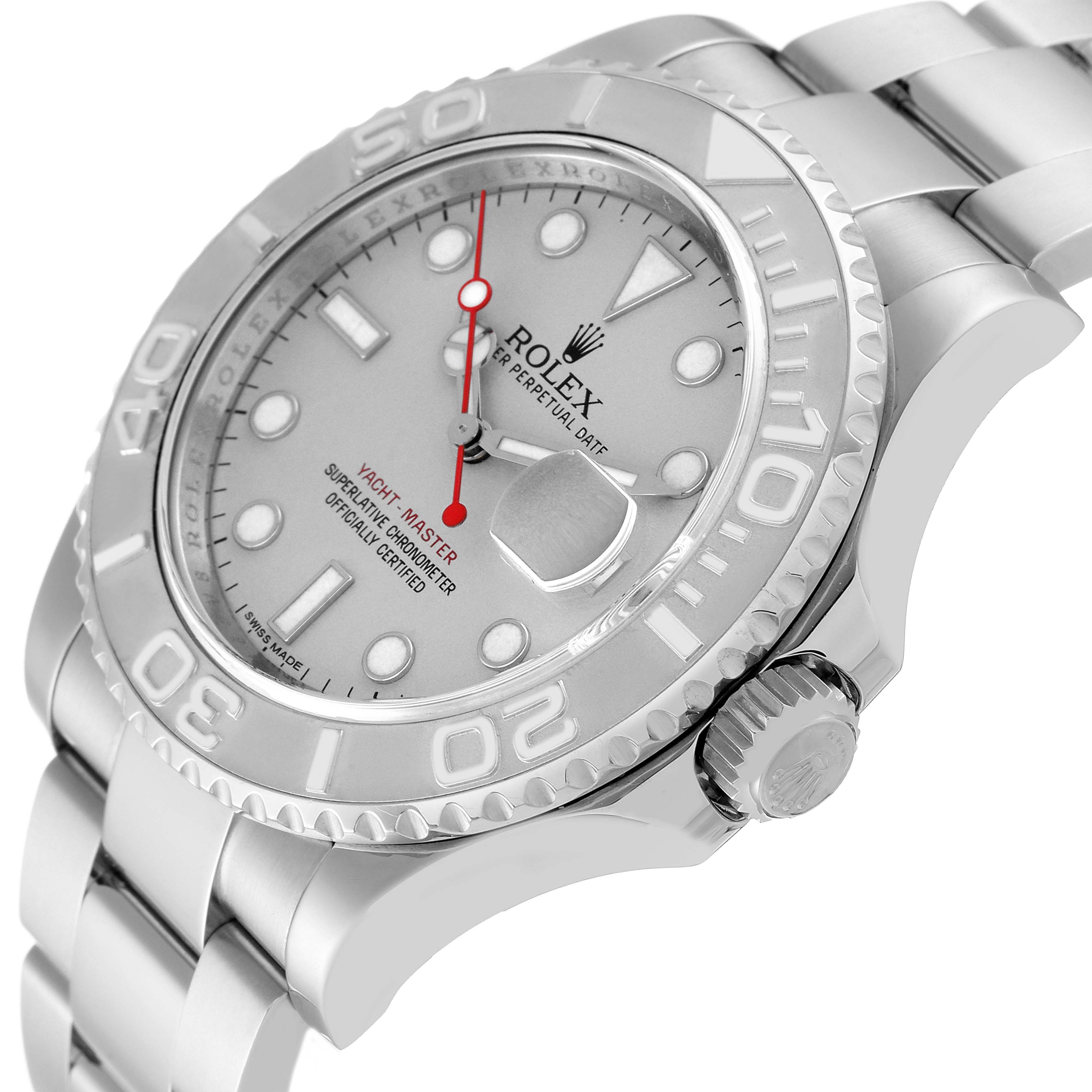 The image shows a close-up side angle of a Rolex Yacht-Master 116622 Men
s Stainless Steel Silver Dial 116622 Men
s Stainless Steel Silver Dial watch, highlighting its dial, bezel, crown, and bracelet.