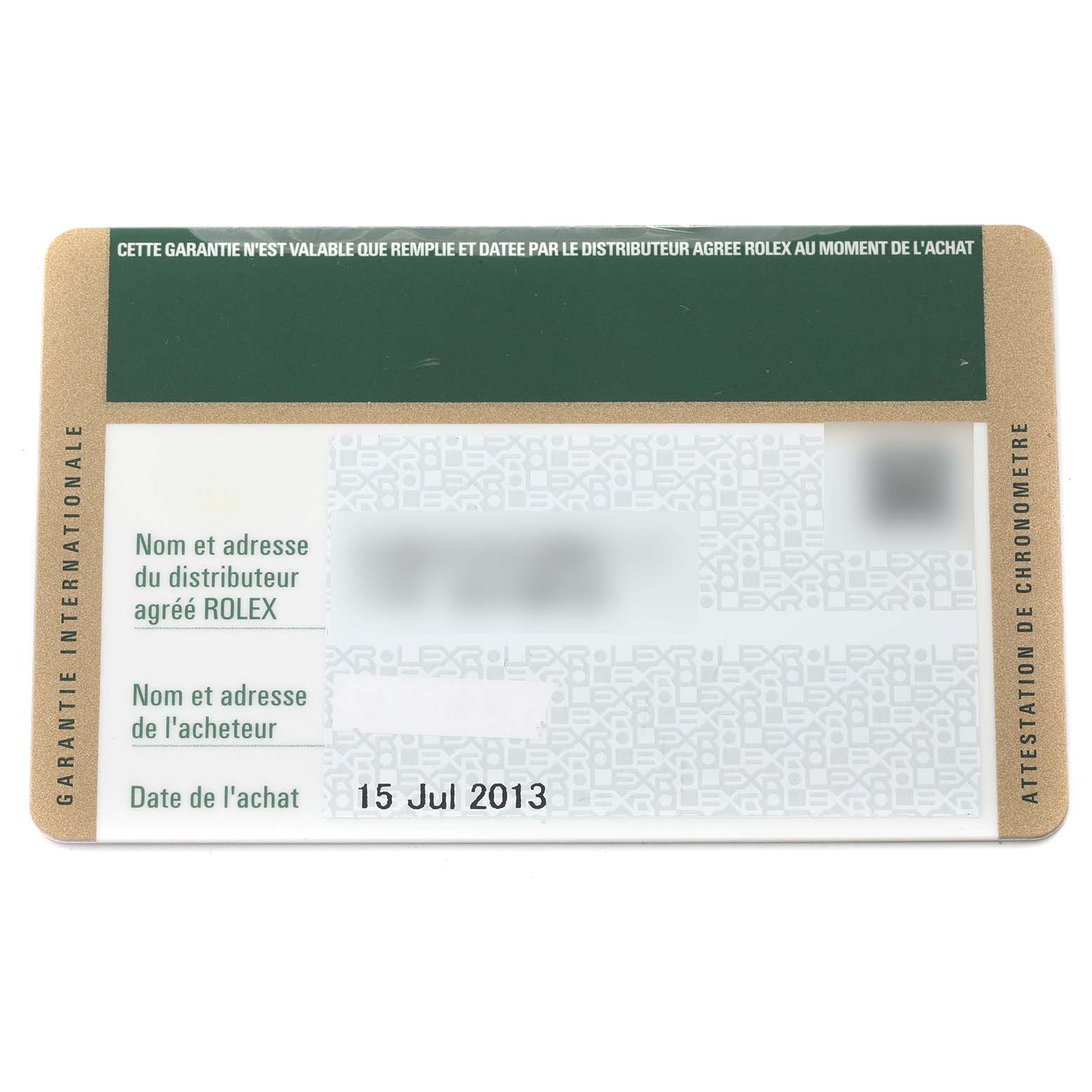 This image shows a warranty card for the Rolex Yacht-Master 116622 Men
s Stainless Steel Silver Dial 116622 Men
s Stainless Steel Silver Dial model, featuring purchase details.