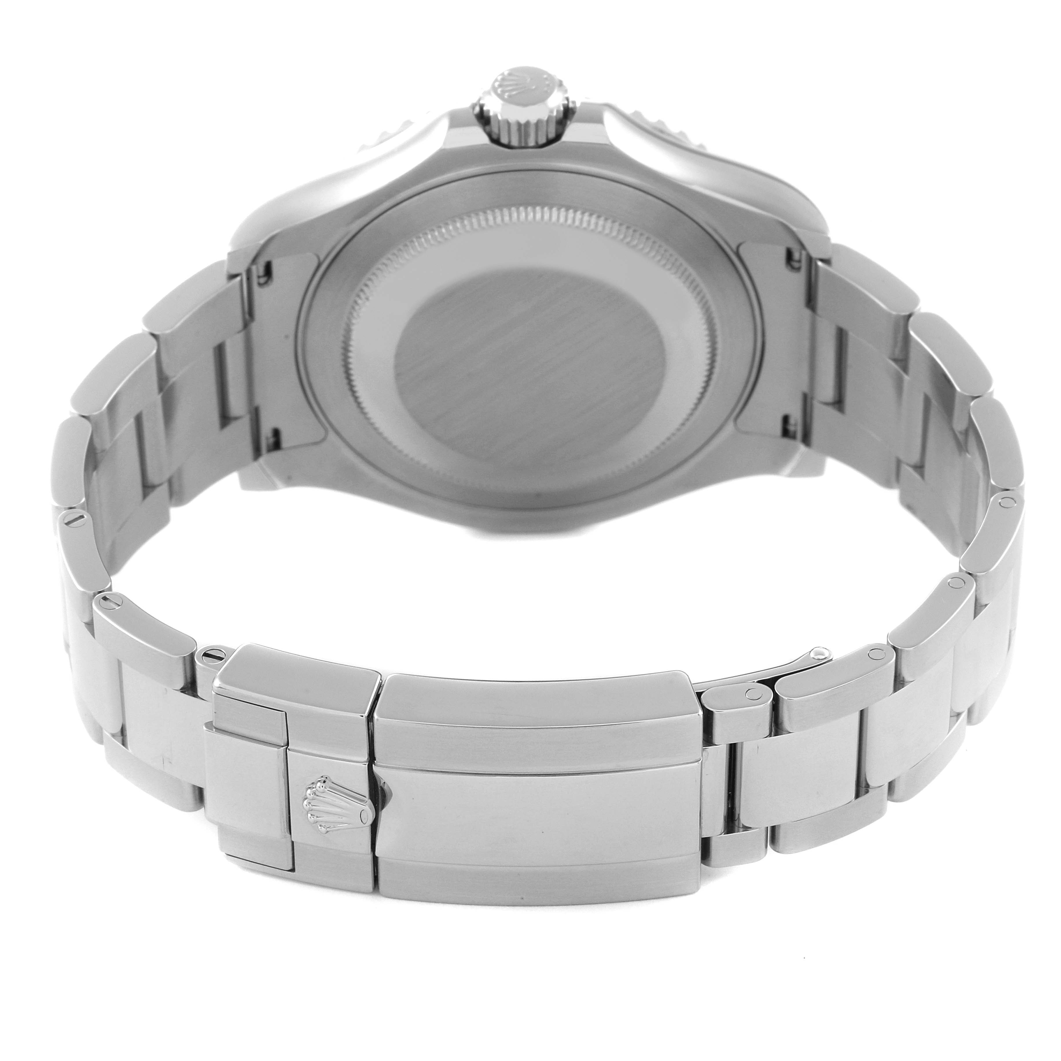 The image shows the back of a Rolex Yacht-Master 116622 Men
s Stainless Steel Silver Dial 116622 Men
s Stainless Steel Silver Dial watch, highlighting the case back and the bracelet with the clasp.