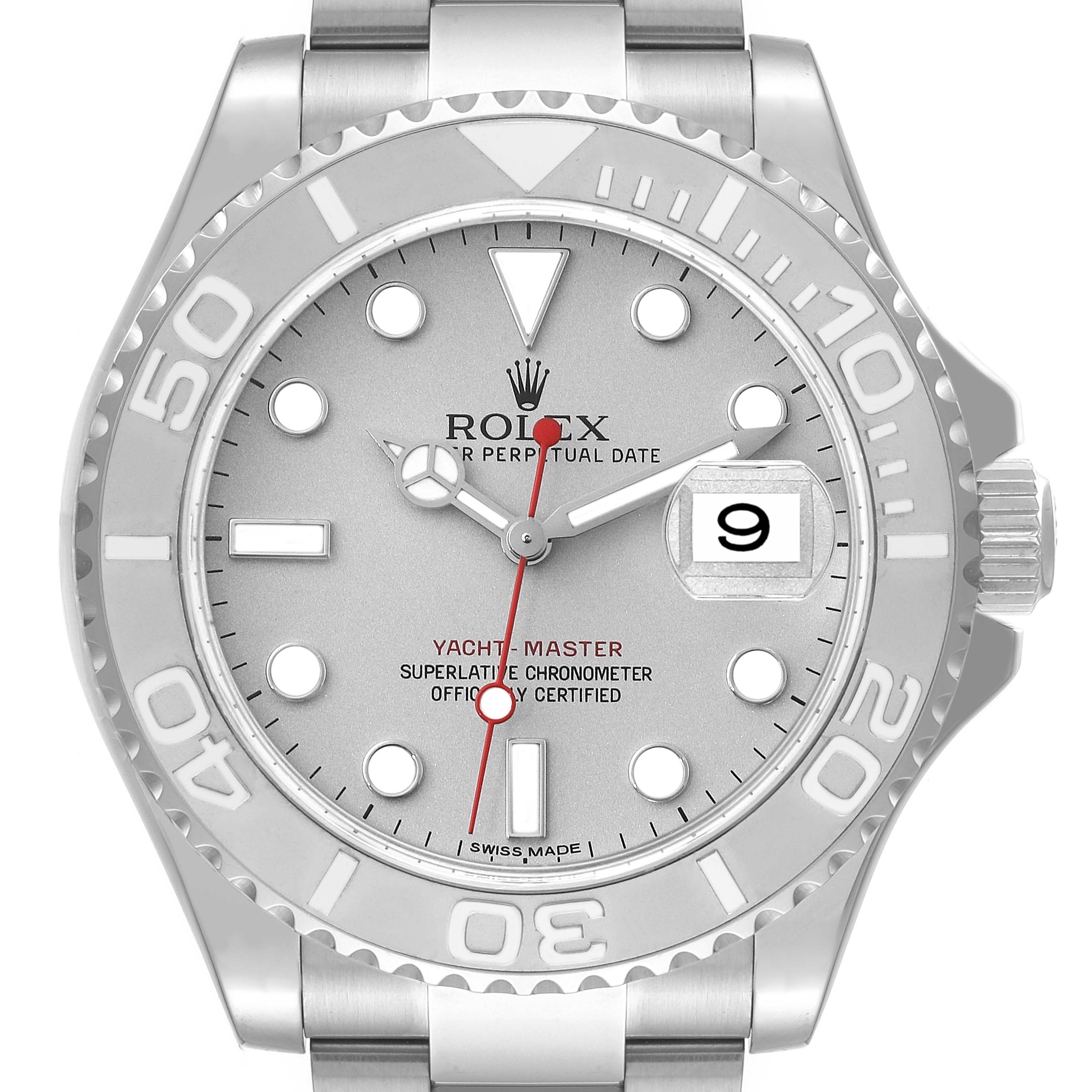 The image shows a close-up of the Rolex Yacht-Master 116622 Men
s Stainless Steel Silver Dial 116622 Men
s Stainless Steel Silver Dial watch face, focusing on the dial, bezel, and crown.