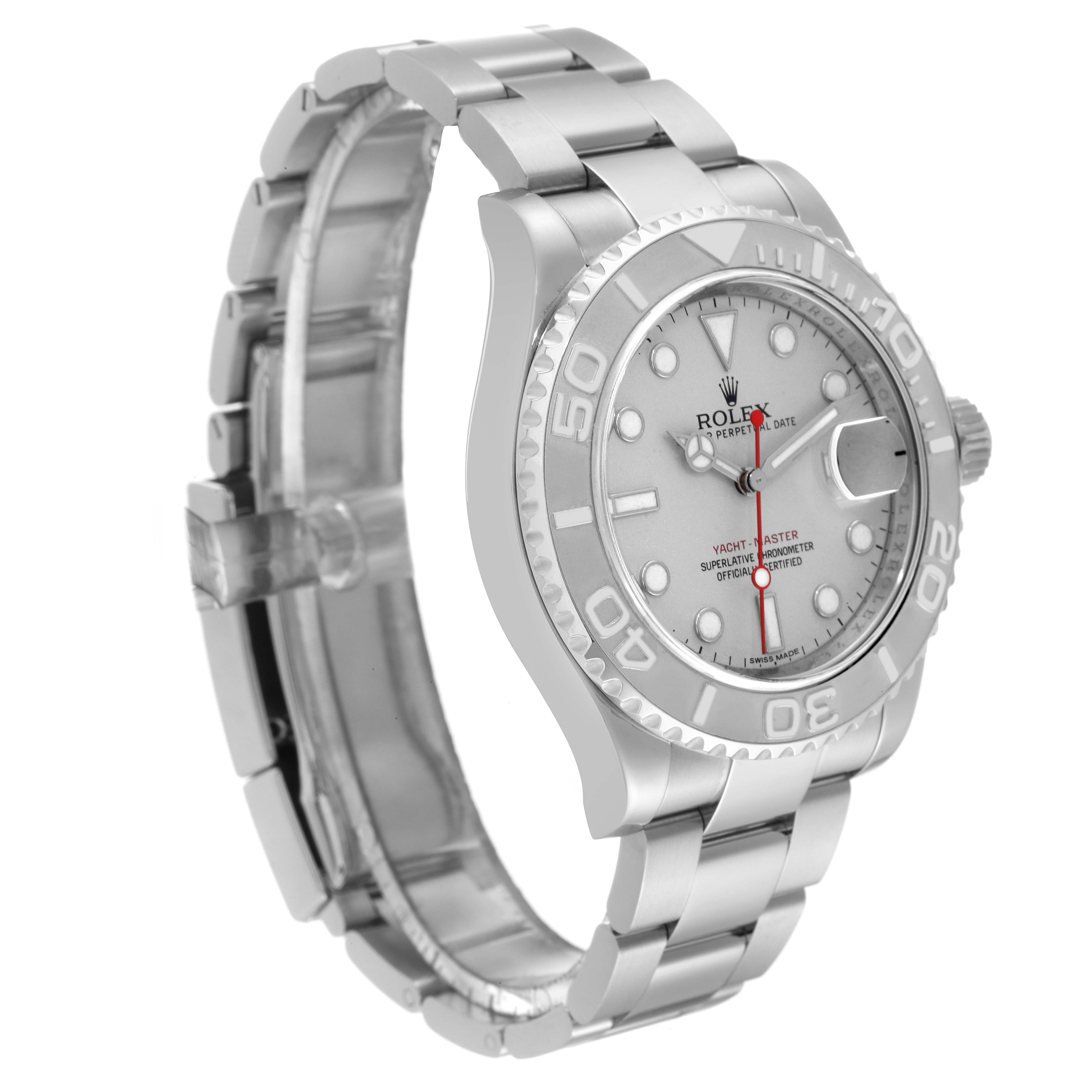 This image shows a Rolex Yacht-Master 116622 Men
s Stainless Steel Silver Dial 116622 Men
s Stainless Steel Silver Dial watch angled slightly to the side, highlighting the face, bezel, and stainless steel bracelet.