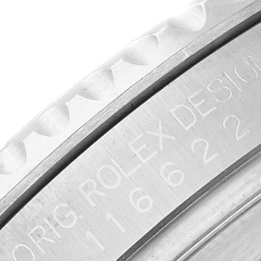 This close-up image shows the engravings on the side of the bezel and case of a Rolex Yacht-Master 116622 Men
s Stainless Steel Silver Dial 116622 Men
s Stainless Steel Silver Dial watch.