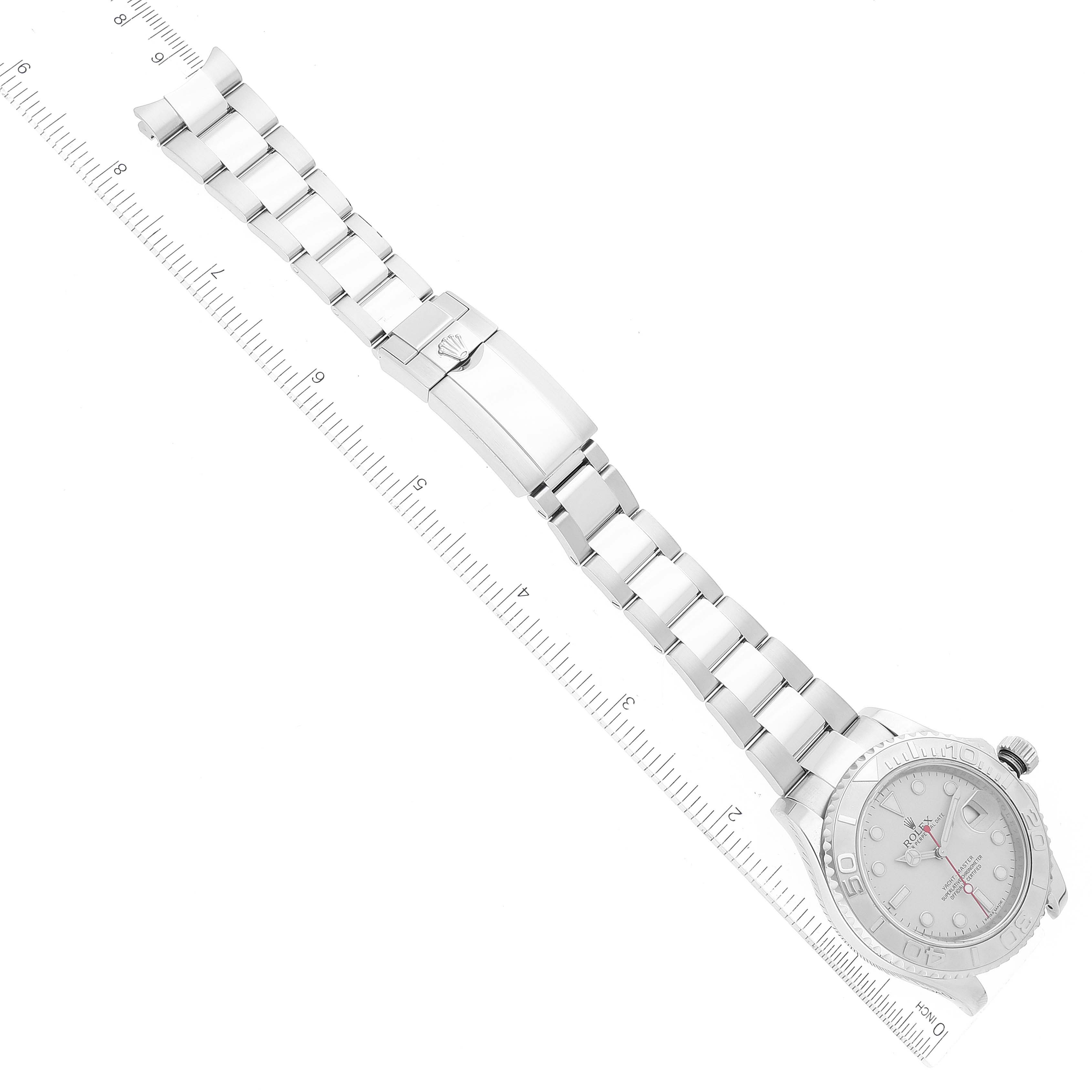 The Rolex Yacht-Master 116622 Men
s Stainless Steel Silver Dial 116622 Men
s Stainless Steel Silver Dial watch is shown from a top-down angle, displaying the full bracelet and clasp, along with the face and rotating bezel.