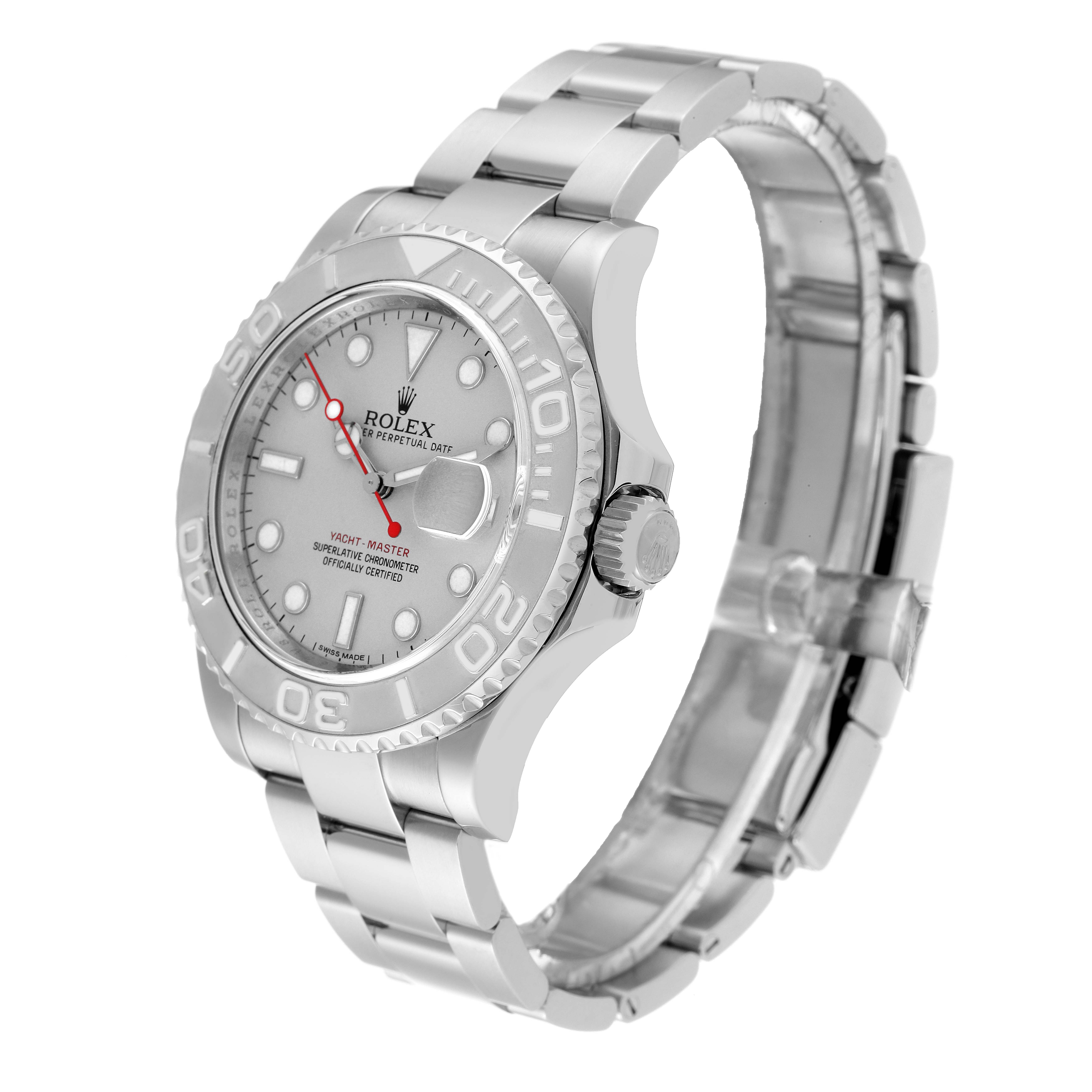 This Rolex Yacht-Master 116622 Men
s Stainless Steel Silver Dial 116622 Men
s Stainless Steel Silver Dial watch is shown at a three-quarter angle displaying the face, bezel, crown, and bracelet. 