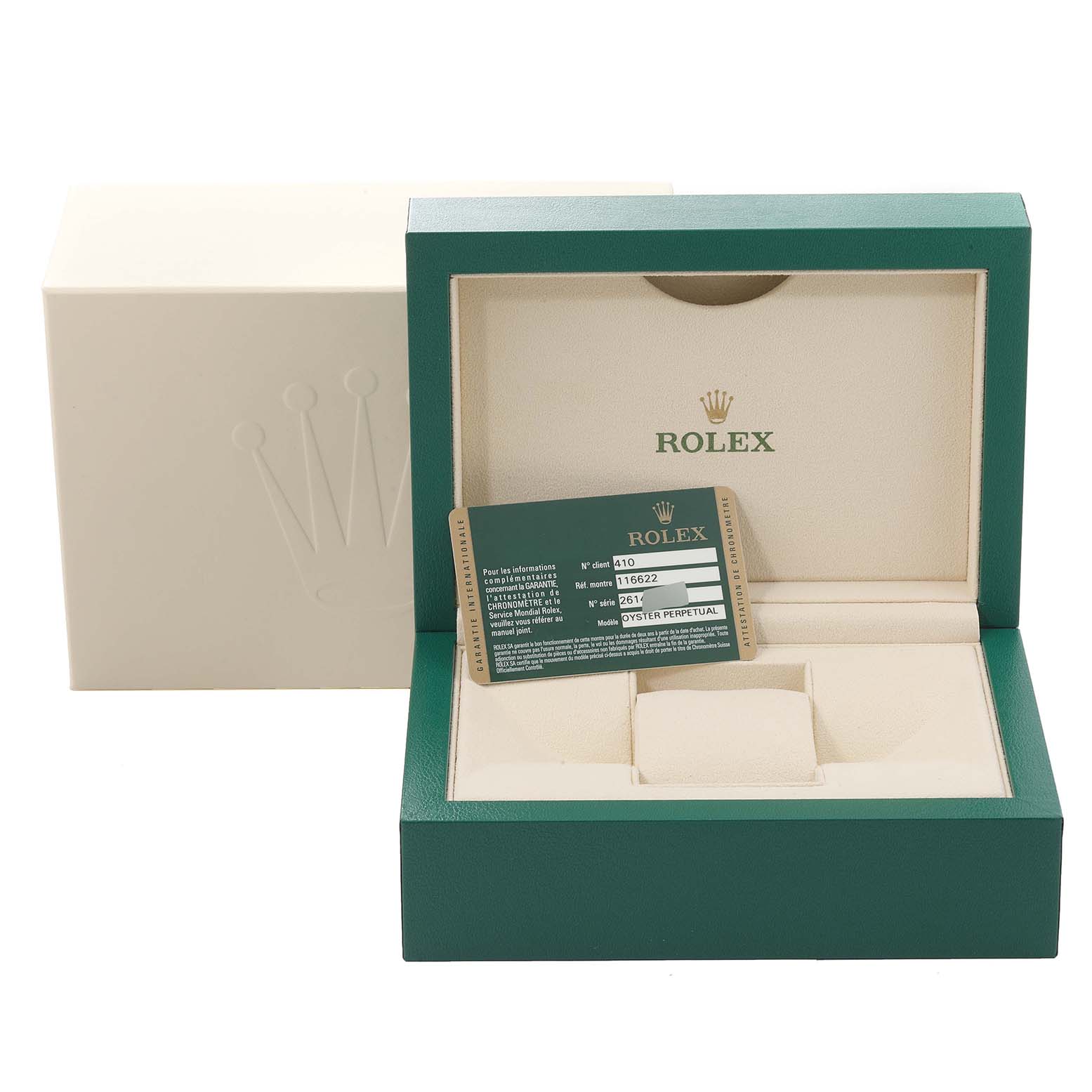 The image shows a Rolex Yacht-Master 116622 Men
s Stainless Steel Silver Dial 116622 Men
s Stainless Steel Silver Dial watch box with an identification card inside.