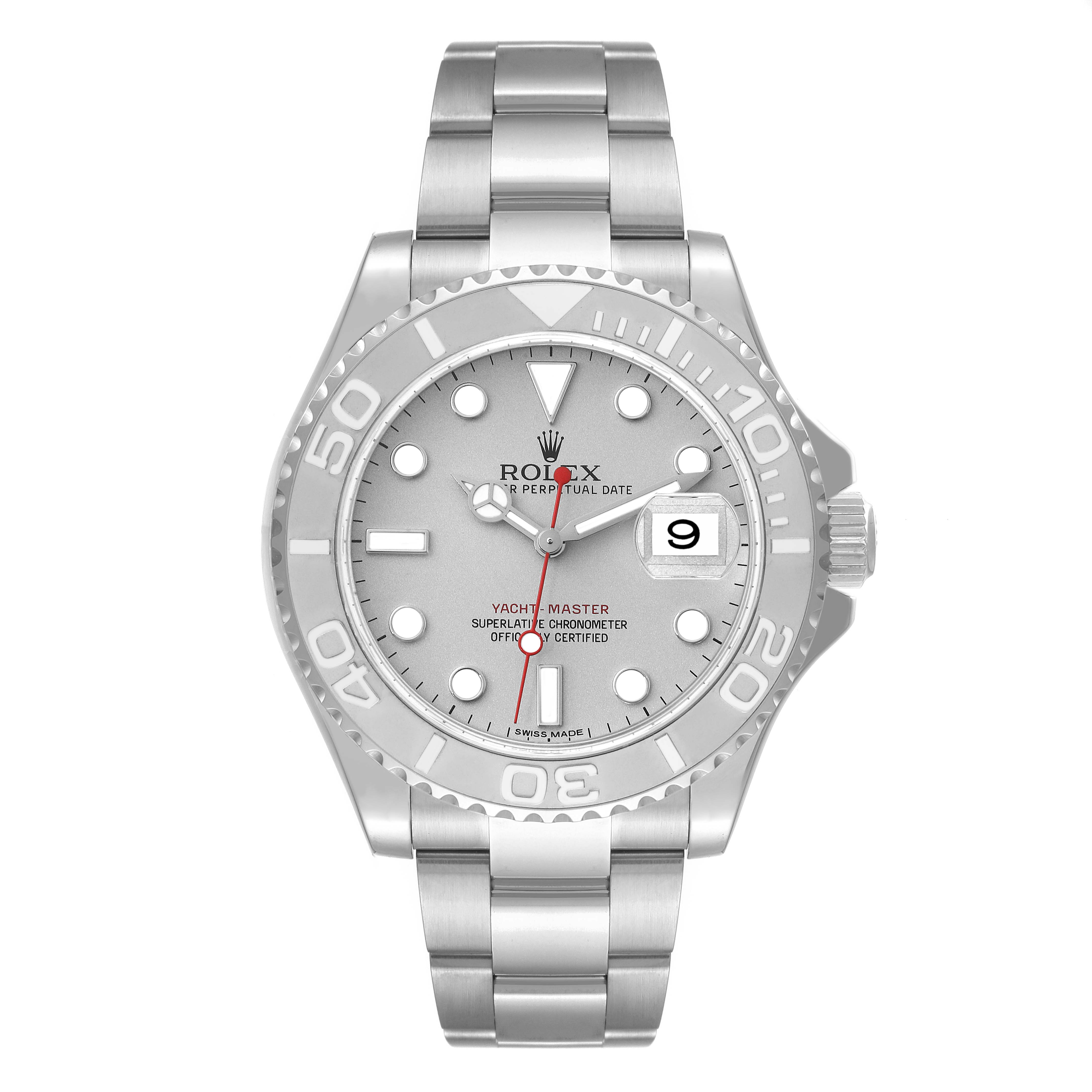 The Rolex Yacht-Master 116622 Men
s Stainless Steel Silver Dial 116622 Men
s Stainless Steel Silver Dial watch is shown from the front, displaying its dial, bezel, and stainless steel bracelet.