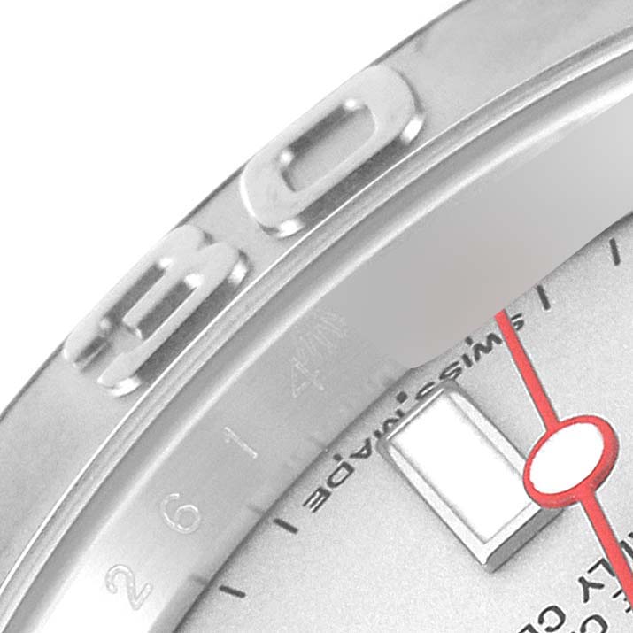 This close-up view of the Rolex Yacht-Master 116622 Men
s Stainless Steel Silver Dial 116622 Men
s Stainless Steel Silver Dial watch shows the bezel, part of the dial, and the minute hand.