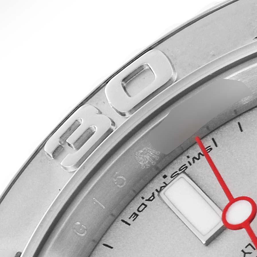 The image shows a close-up of the bezel and part of the dial of a Rolex Yacht-Master 16622 Men's Stainless Steel Silver Dial 16622 Men's Stainless Steel Silver Dial watch, focusing on the "30" marker and red second hand.