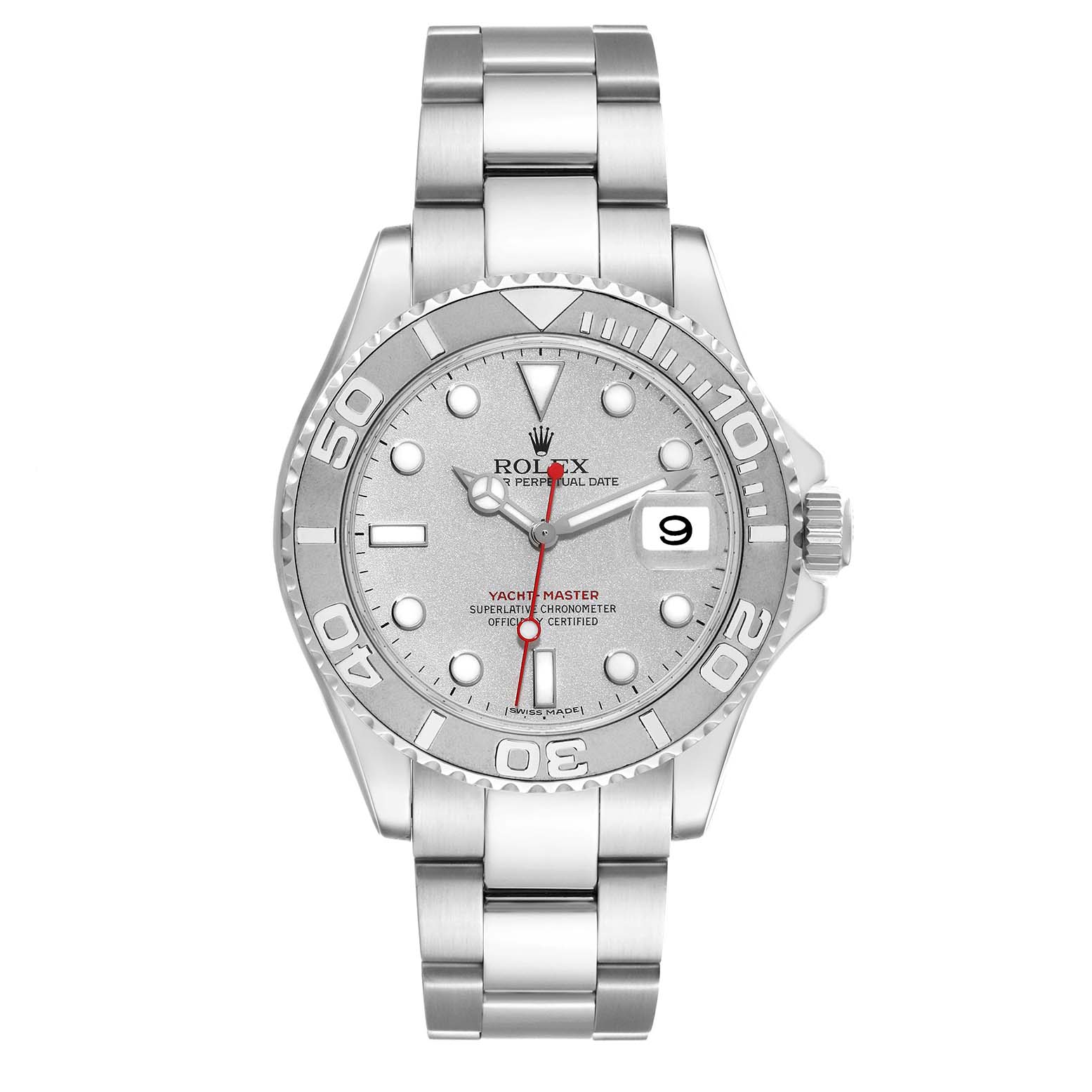 The Rolex Yacht-Master 16622 Men's Stainless Steel Silver Dial 16622 Men's Stainless Steel Silver Dial model is shown from the front, displaying its dial, bezel, hands, bracelet, and date window.