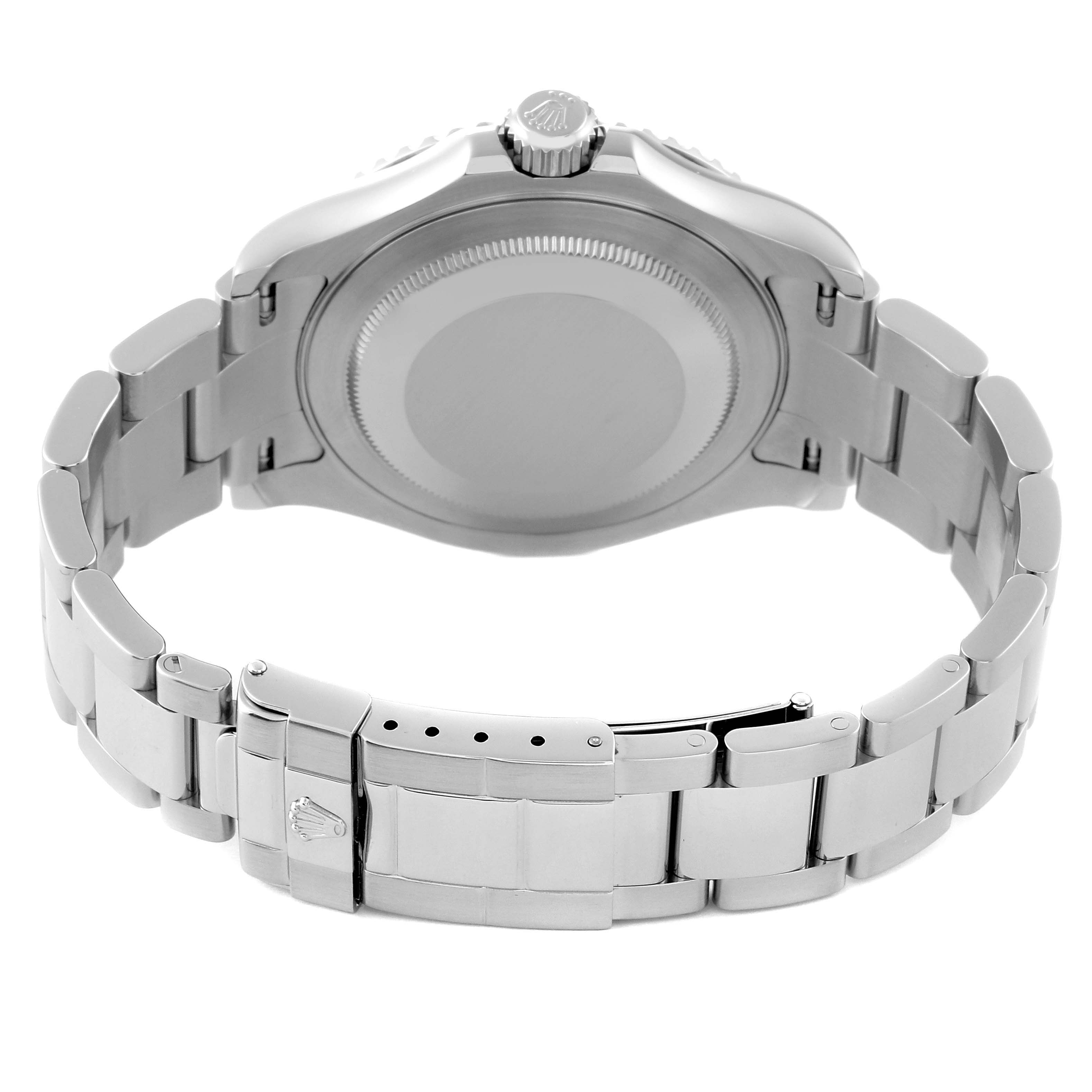 This image shows the back case and part of the bracelet of a Rolex Yacht-Master 16622 Men's Stainless Steel Silver Dial 16622 Men's Stainless Steel Silver Dial watch.