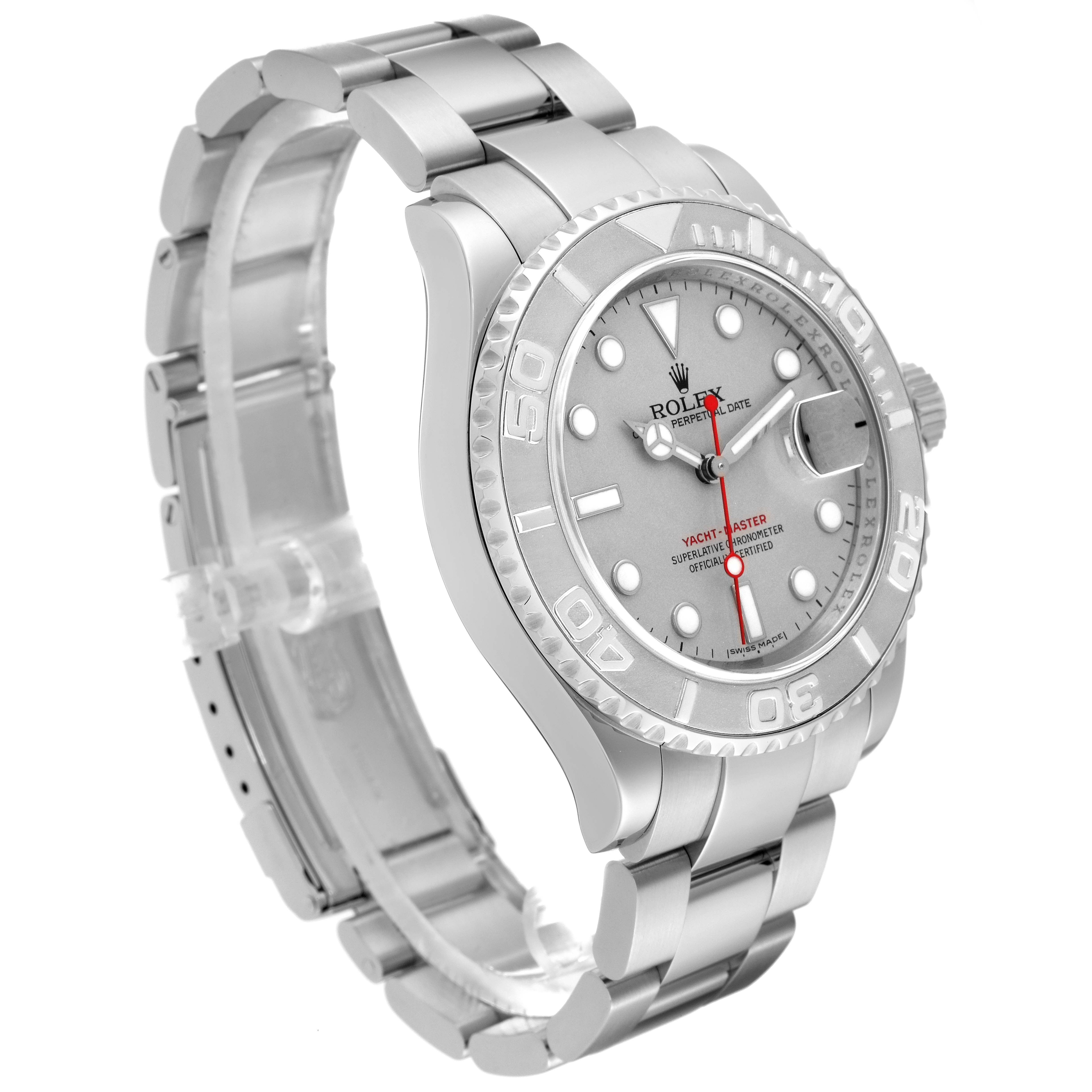The image shows a side angle of a Rolex Yacht-Master 16622 Men's Stainless Steel Silver Dial 16622 Men's Stainless Steel Silver Dial watch, highlighting the bracelet, bezel, and dial.