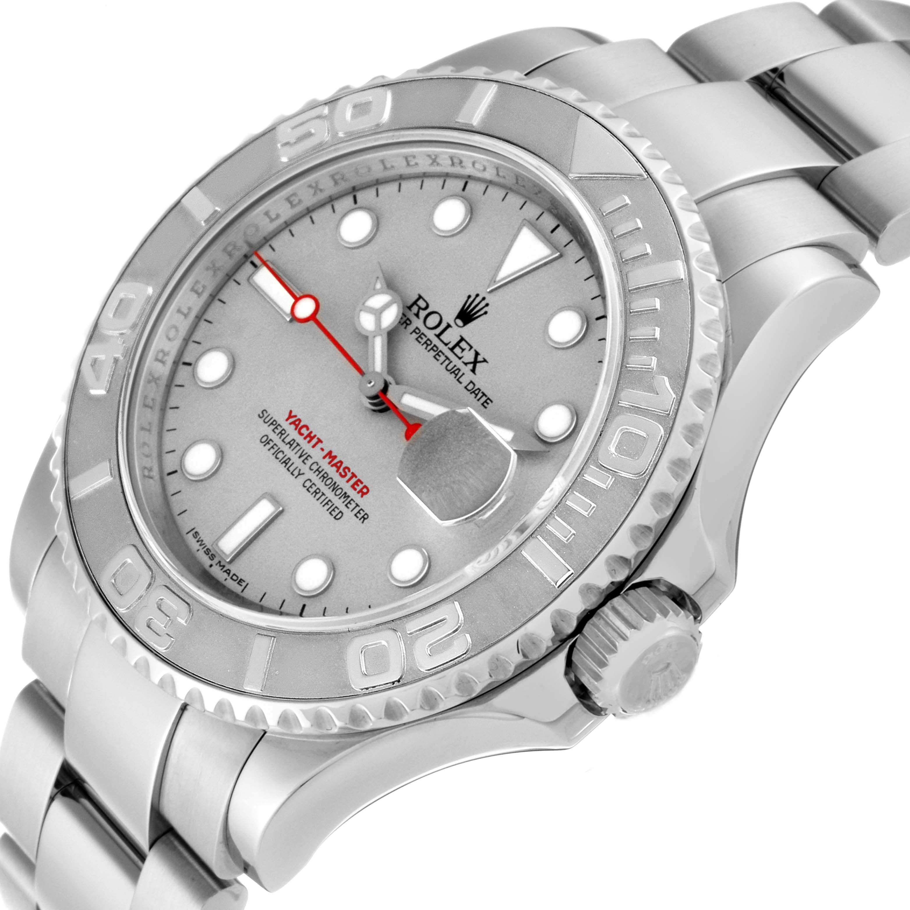 The Rolex Yacht-Master 16622 Men's Stainless Steel Silver Dial 16622 Men's Stainless Steel Silver Dial watch is shown at an angled view, displaying the face, bezel, crown, and part of the bracelet.