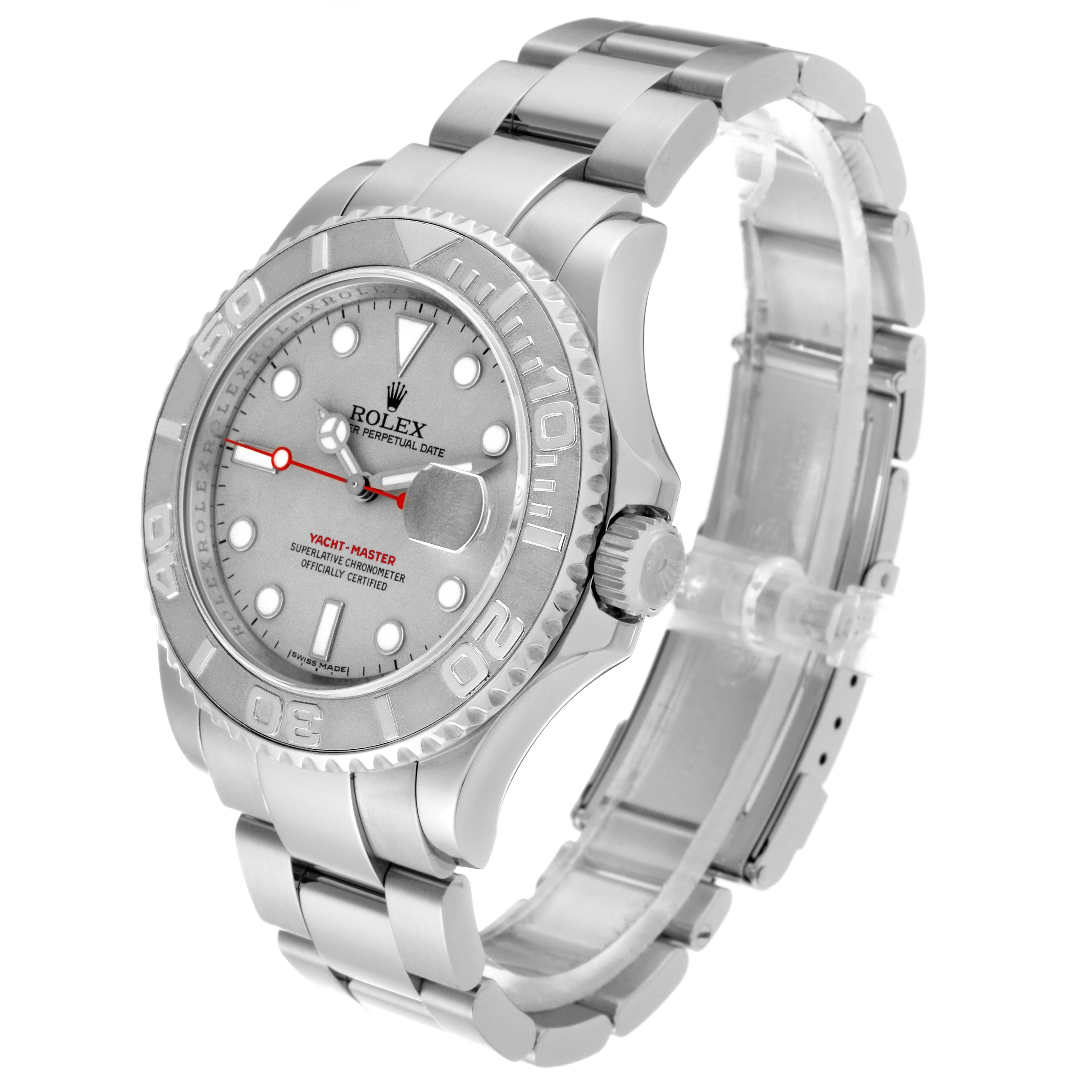 The image shows a Rolex Yacht-Master 16622 Men's Stainless Steel Silver Dial 16622 Men's Stainless Steel Silver Dial watch angled from the front-right, displaying its bezel, dial, crown, and bracelet.