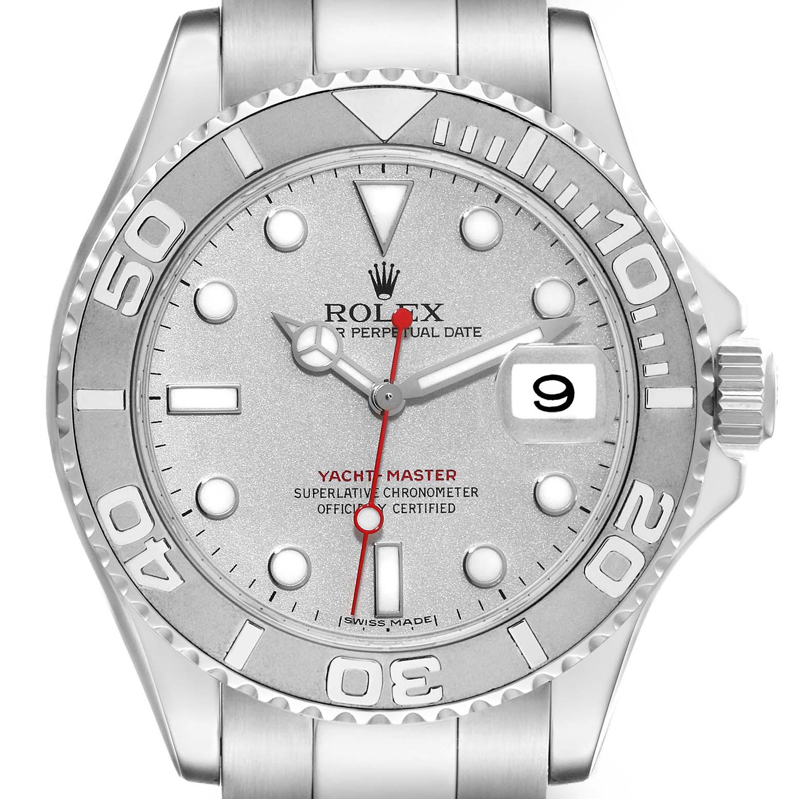 This image shows a front view of the Rolex Yacht-Master 16622 Men's Stainless Steel Silver Dial 16622 Men's Stainless Steel Silver Dial watch, detailing the bezel, dial, crown, and bracelet.