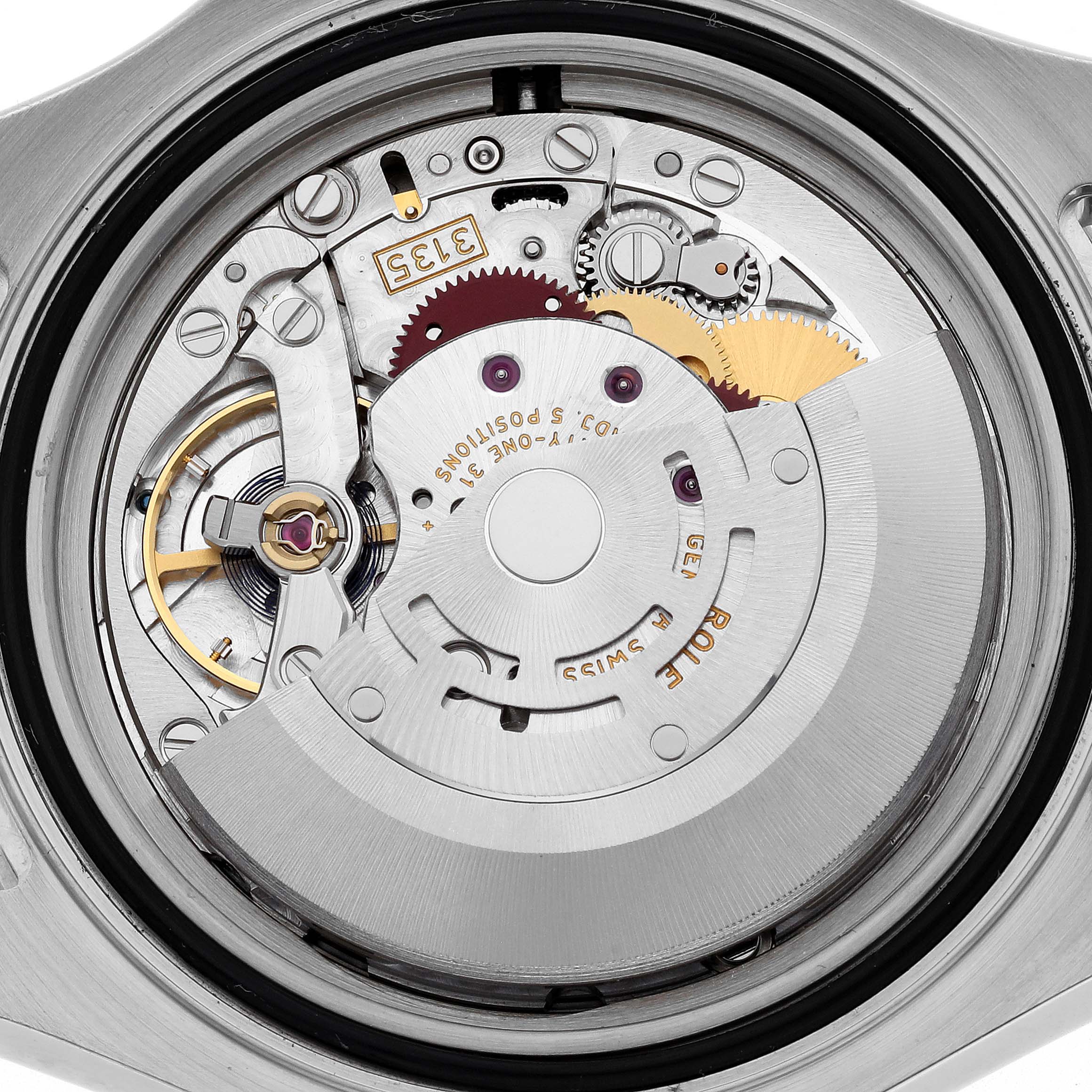 The image shows the intricate internal mechanism of a Rolex Yacht-Master 16622 Men's Stainless Steel Silver Dial 16622 Men's Stainless Steel Silver Dial watch from a close-up, rear perspective.
