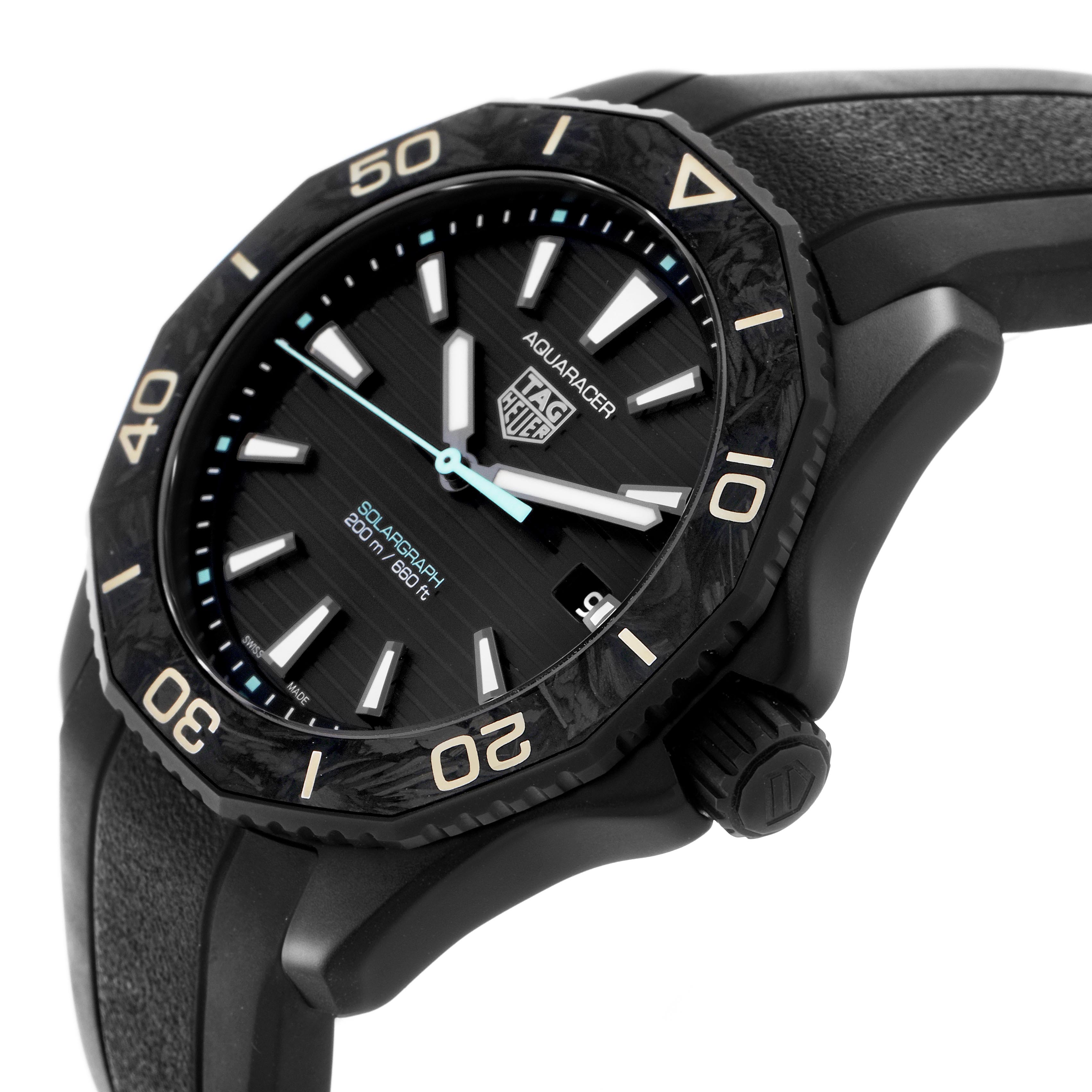 The image shows a side view of the Tag Heuer Aquaracer WBP1112.FT6199 Men
s Stainless Steel Black Dial WBP1112.FT6199 Men
s Stainless Steel Black Dial, highlighting the bezel, dial, and part of the strap.