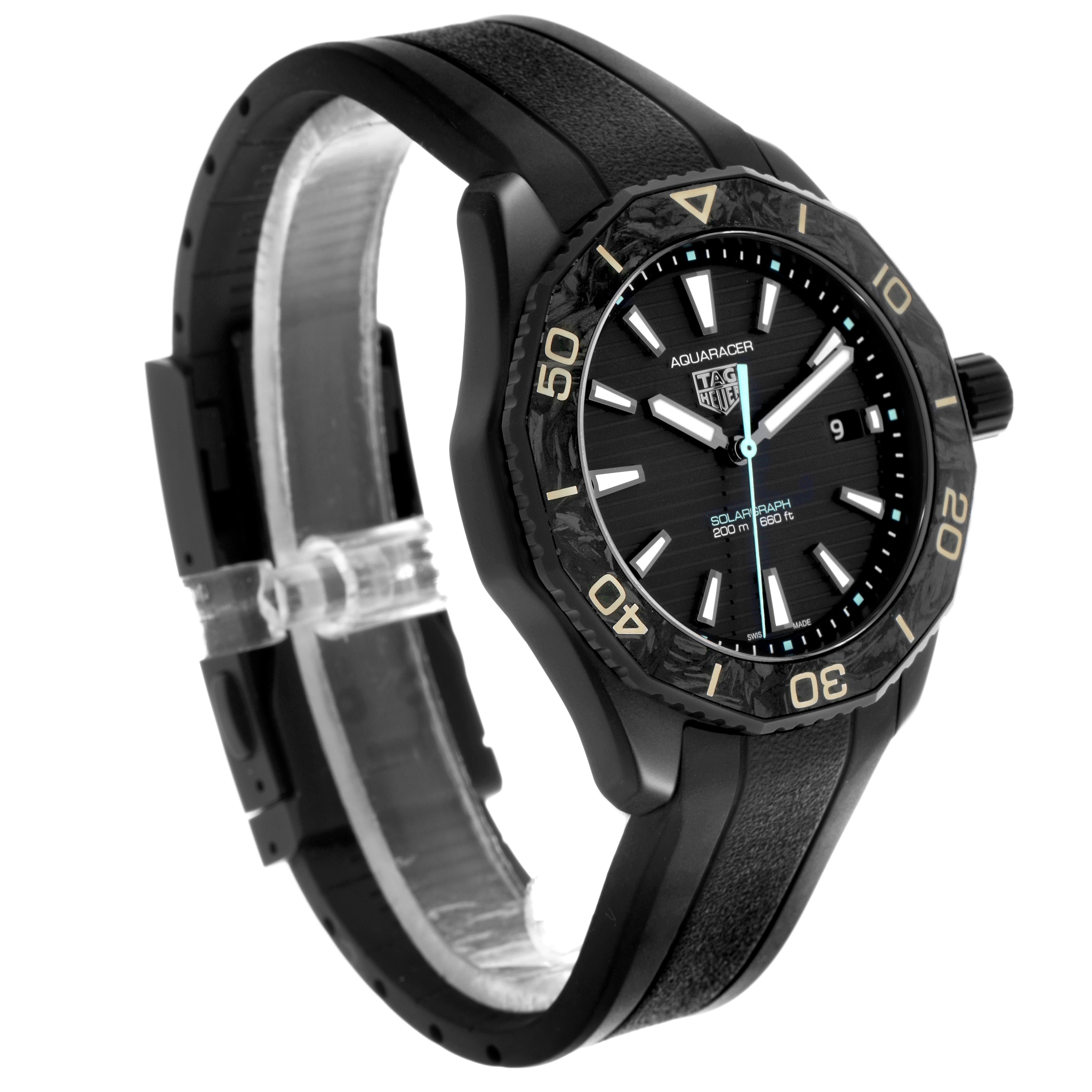 The image shows a Tag Heuer Aquaracer WBP1112.FT6199 Men
s Stainless Steel Black Dial WBP1112.FT6199 Men
s Stainless Steel Black Dial watch at a three-quarter angle, displaying the bezel, dial, strap, and crown.